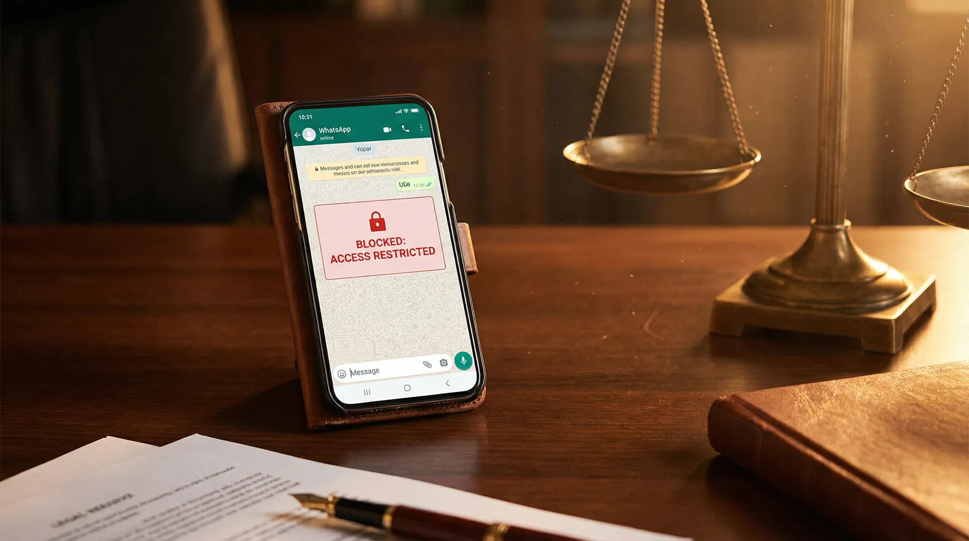 Smartphone com WhatsApp bloqueado ao lado de balança da justiça - Fávere Advogados Associados em Florianópolis