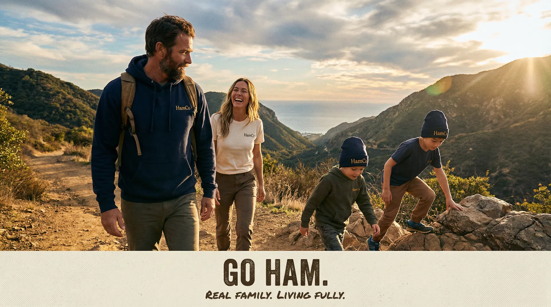 HamCo family hiking in the Santa Monica mountains wearing HamCo apparel
