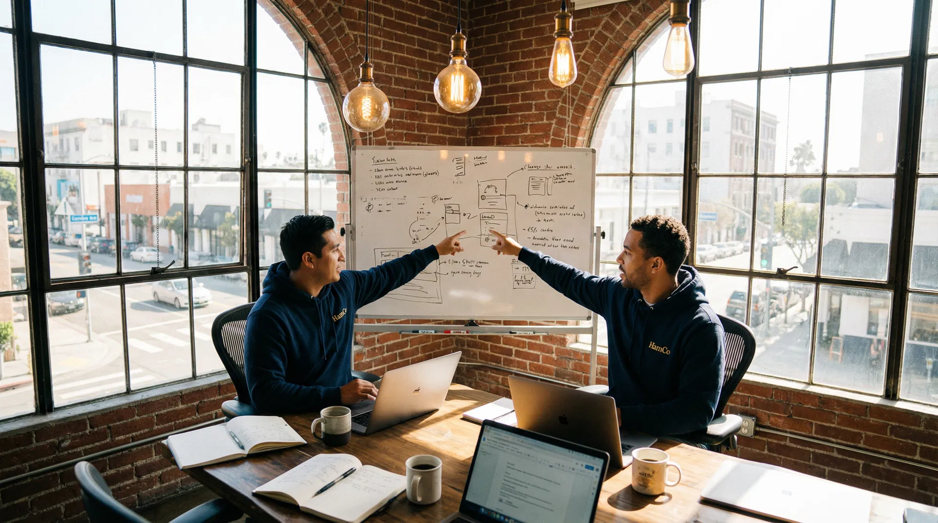 Two founders in HamCo hoodies at a whiteboard planning the HamCo brand divisions