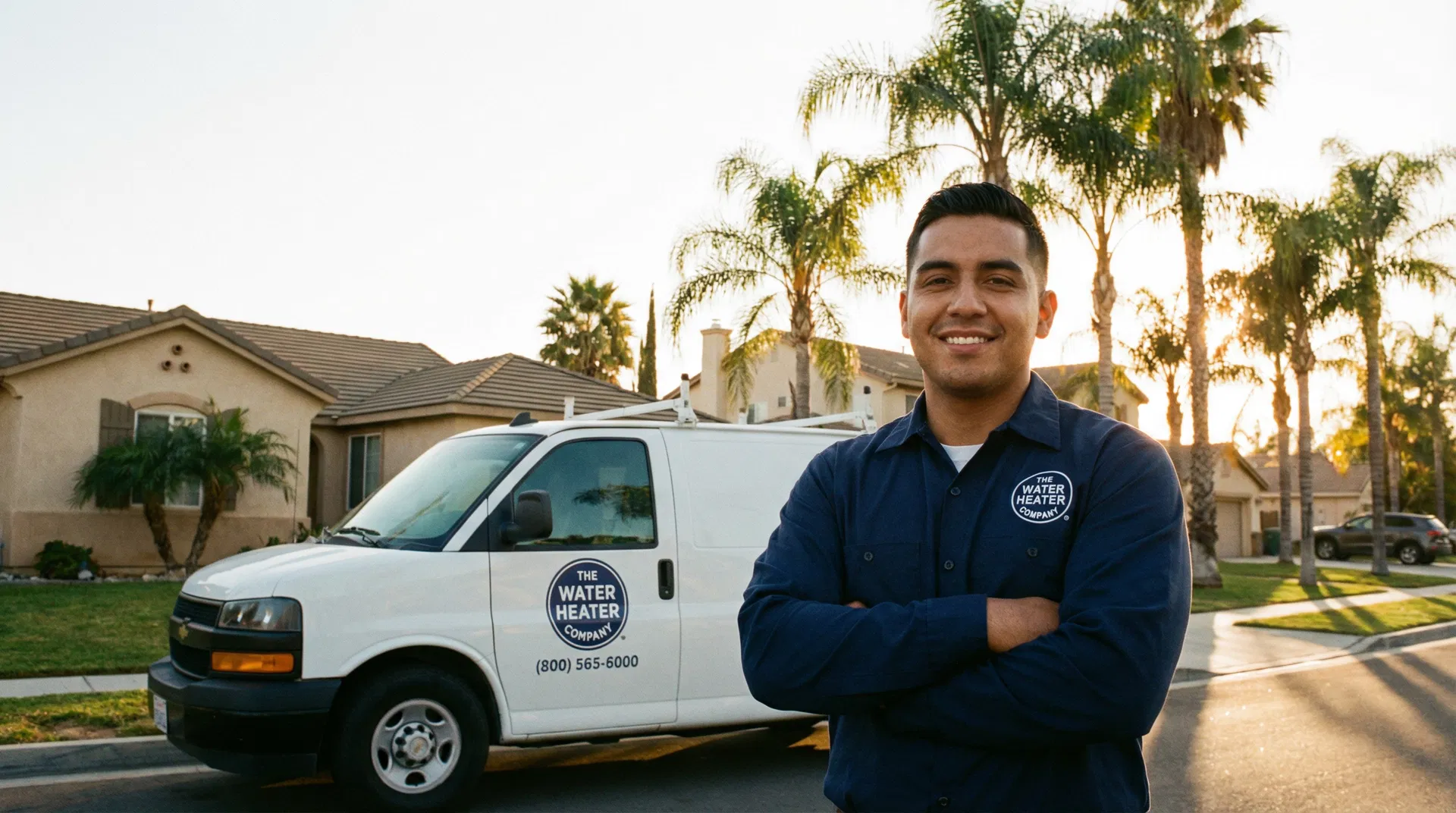 Professional water heater technician in THE Water Heater Company uniform standing in front of a service van