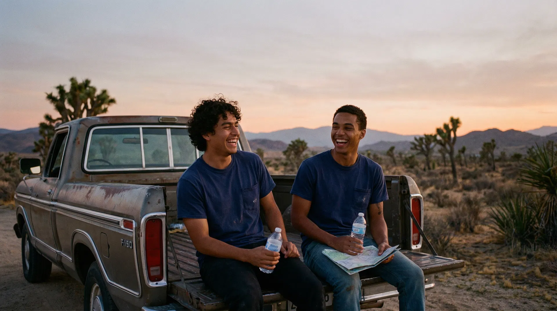 Two young founders sitting on a pickup truck tailgate in the California desert at dusk