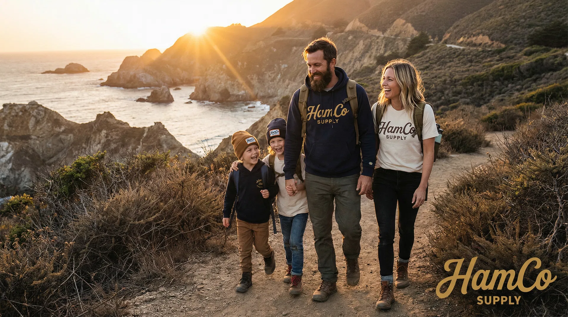 HamCo family hiking the California coast in HamCo Supply apparel