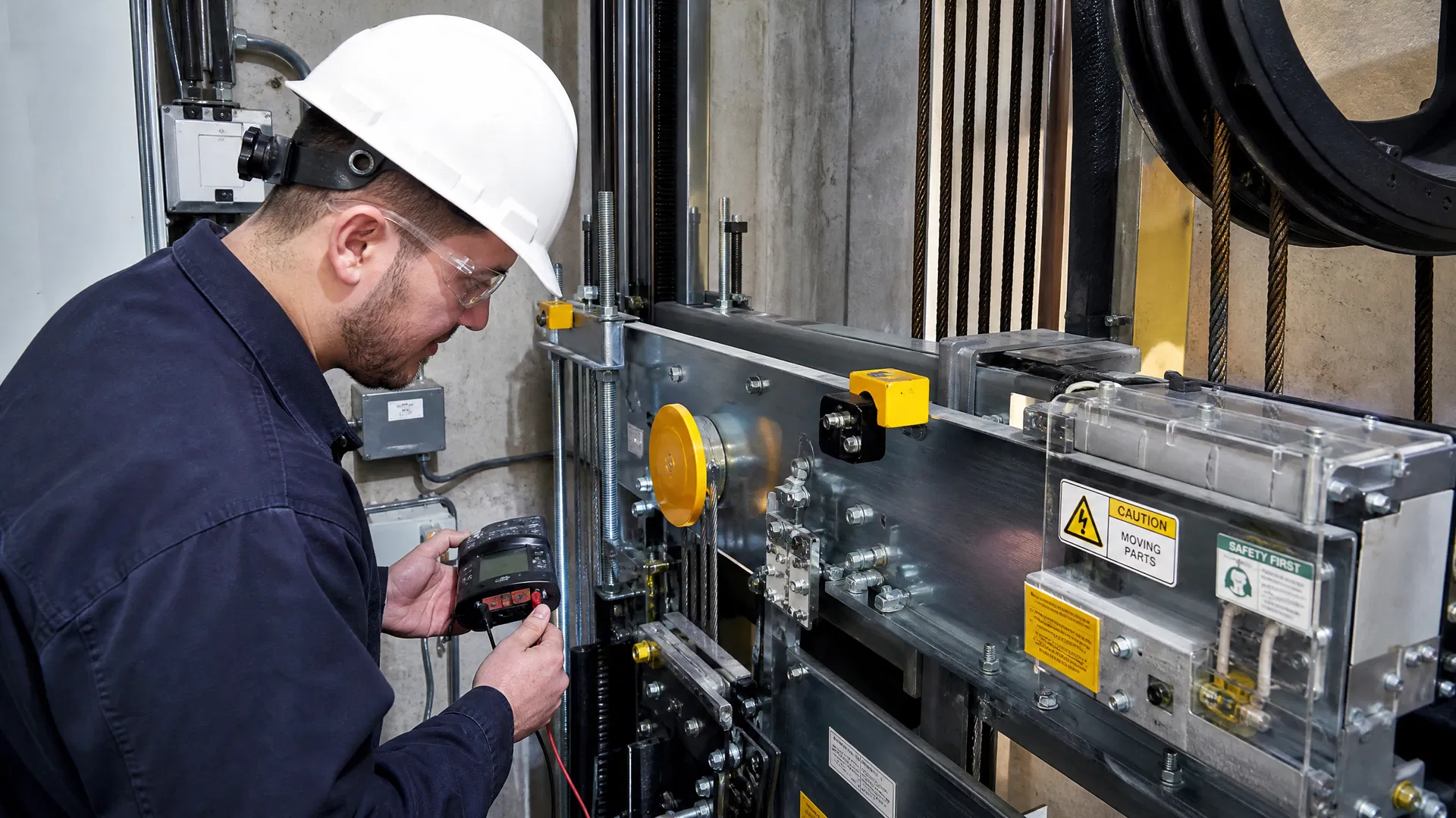Técnico realizando inspeção em elevador
