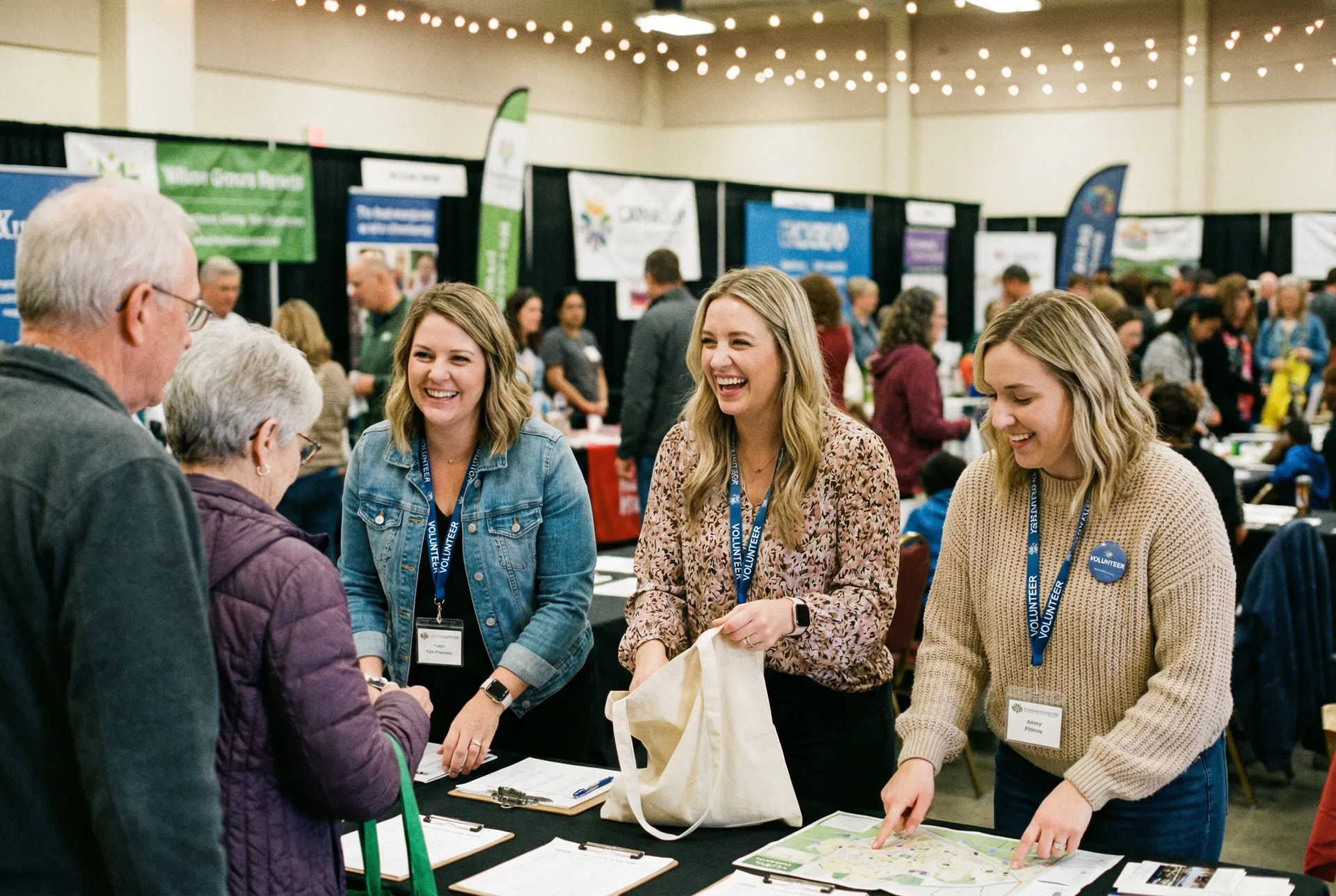 Women volunteers smiling and helping attendees at an expo event