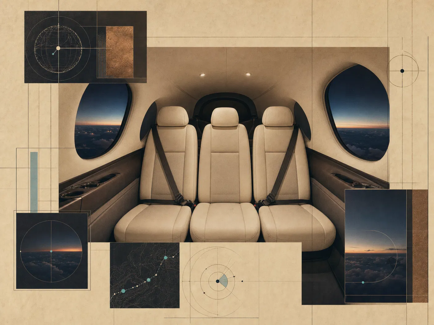 Editorial cabin illustration representing a compact three-passenger private jet cabin