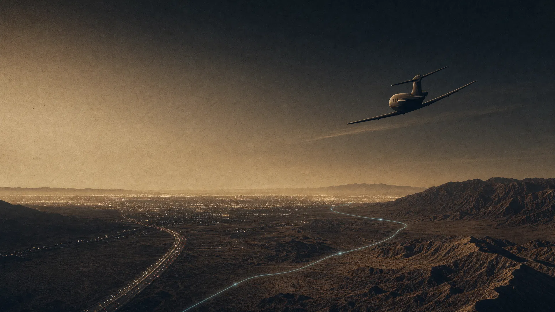 Editorial illustration of a small private jet flying above a Southern California route line