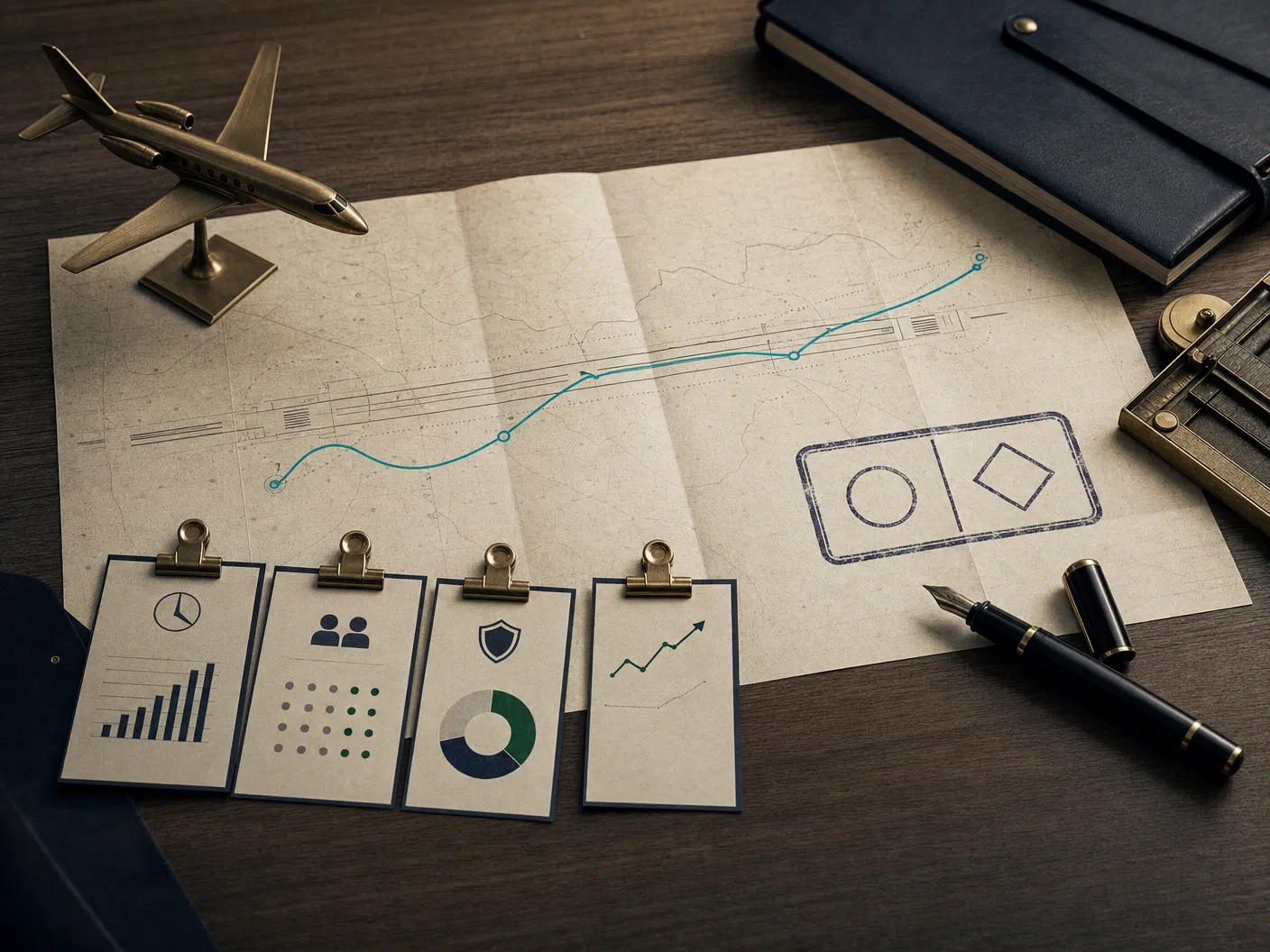 Editorial launch gate still life with route chart and aircraft model