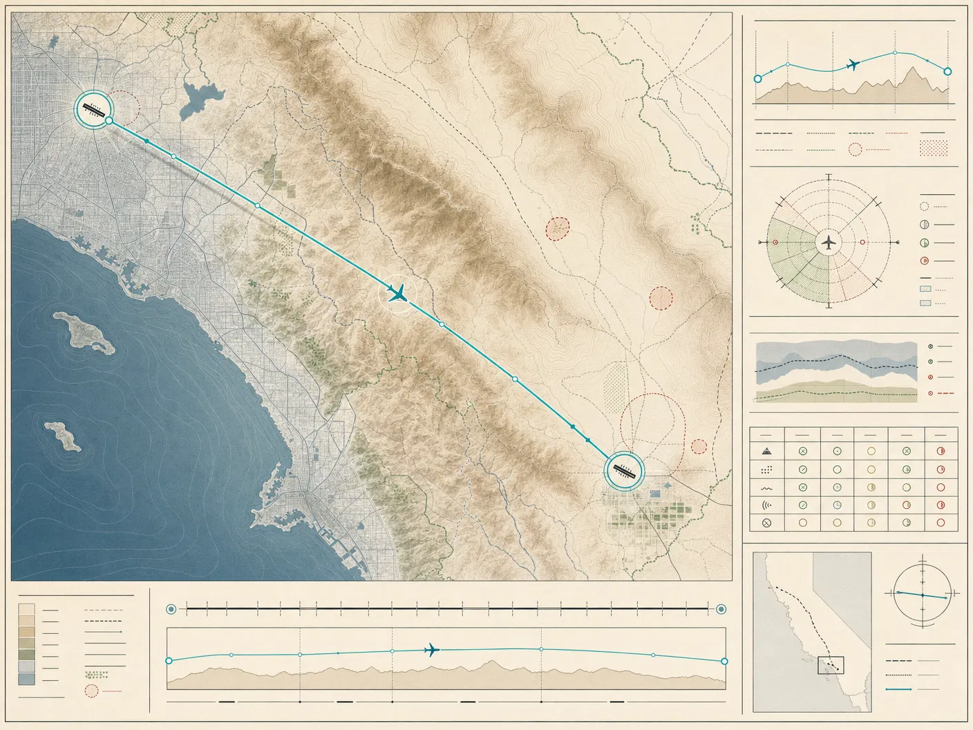 Editorial abstract route plate showing the Thermal to Van Nuys corridor
