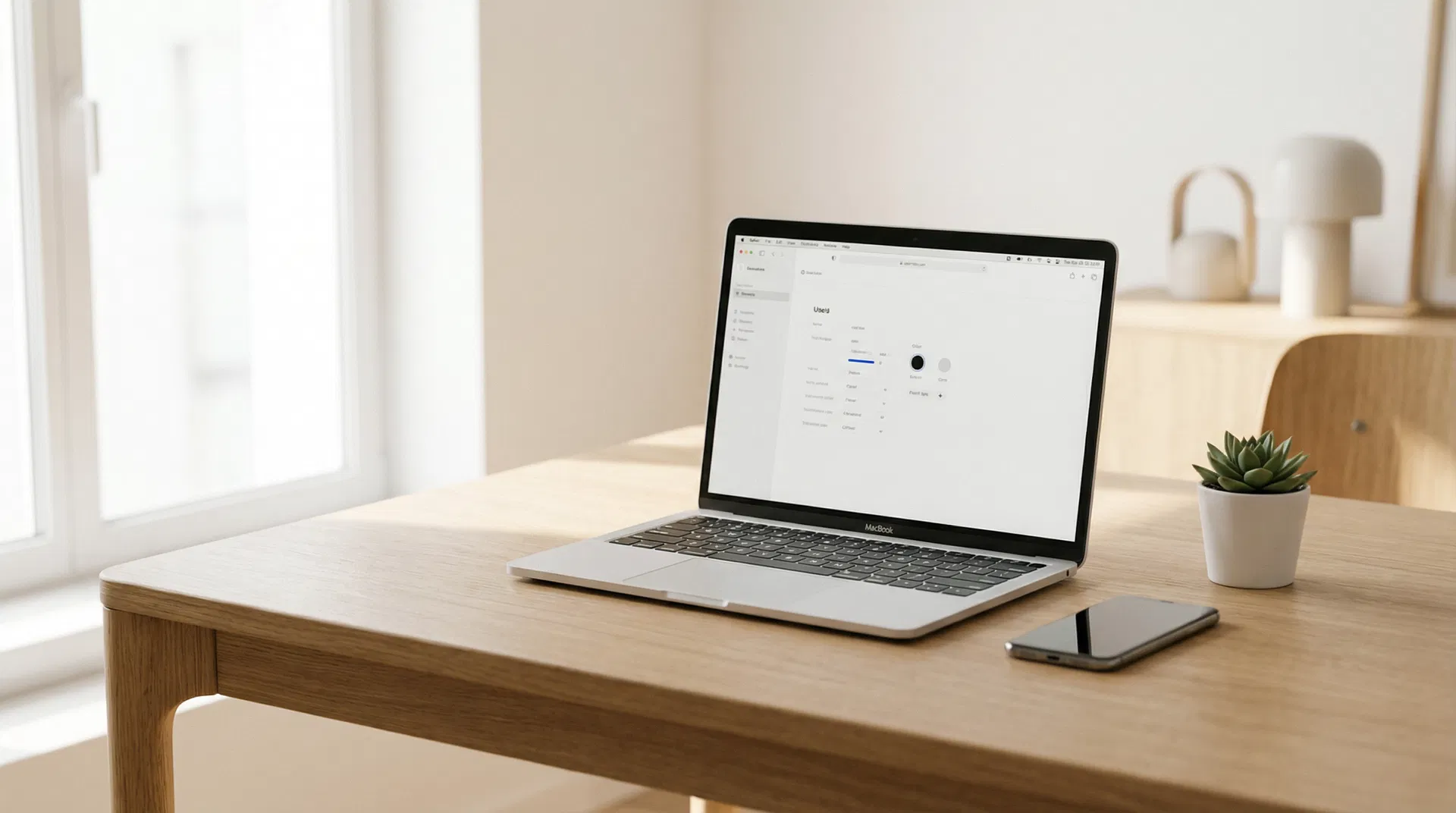 Modern arbetsplats med laptop och mobil