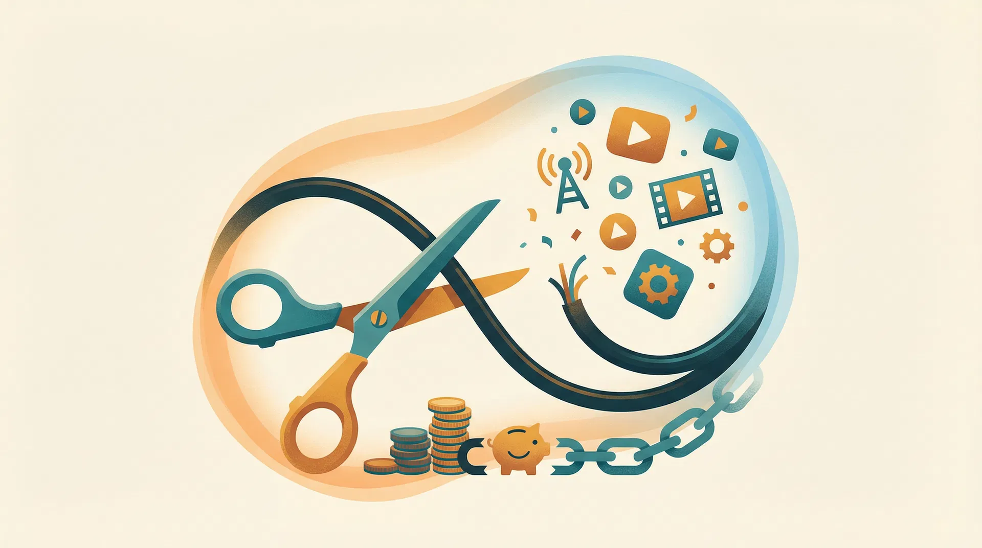 Cord cutting illustration — scissors cutting a cable cord with streaming icons