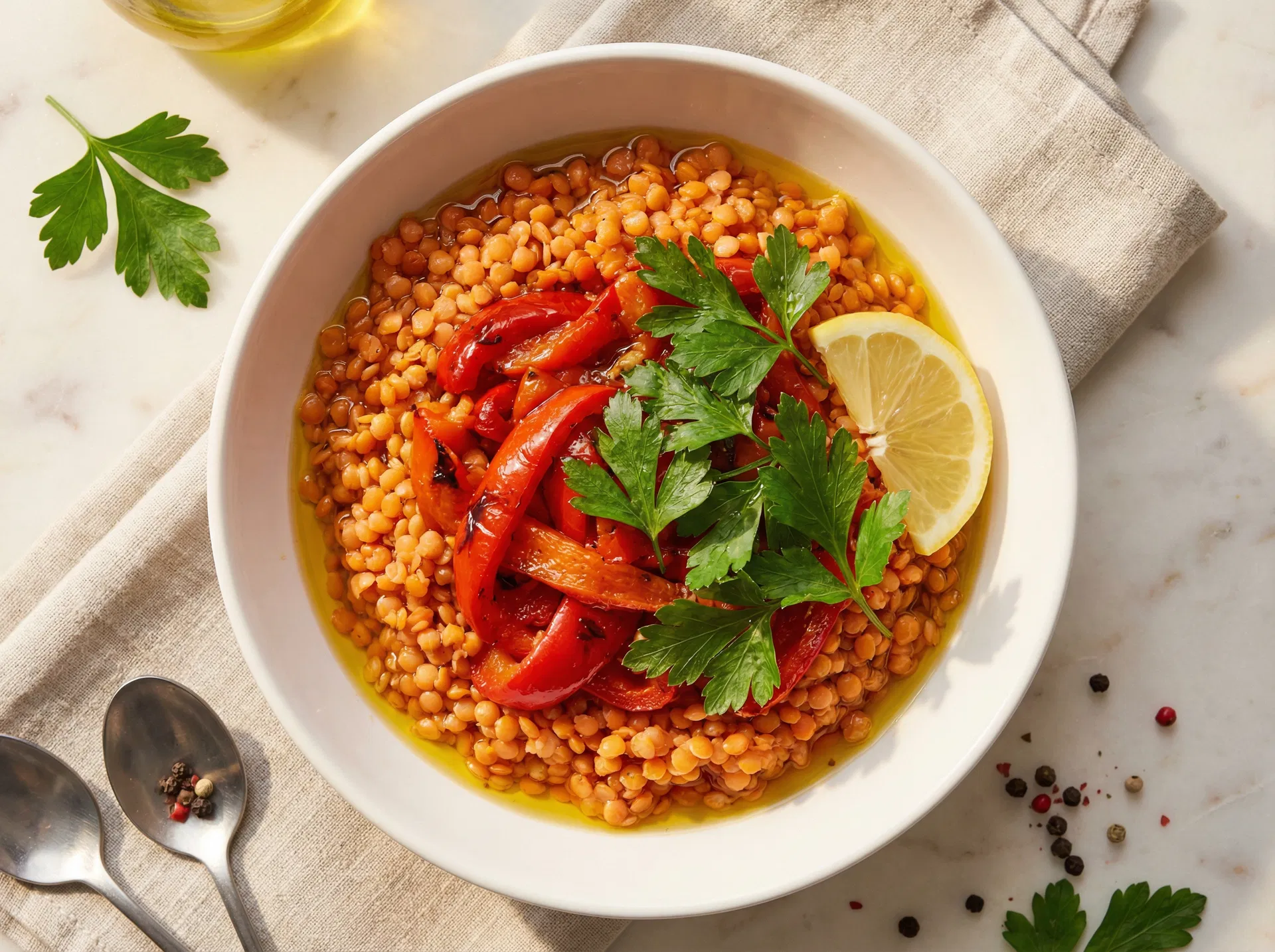Linsen-Bowl mit Paprika und Petersilie