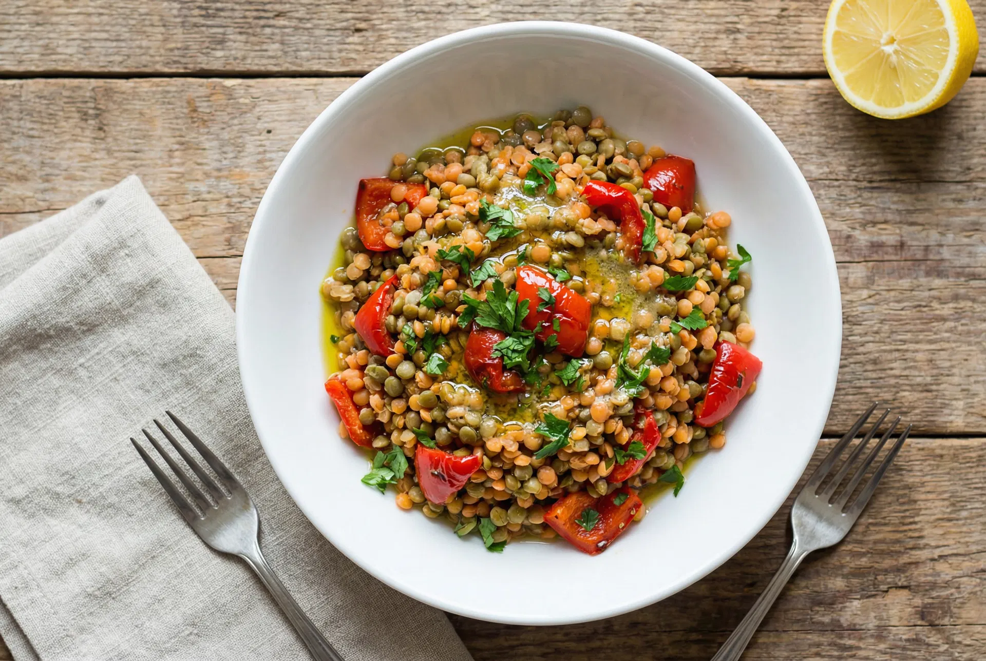 Linsen-Bowl mit Paprika und Petersilie