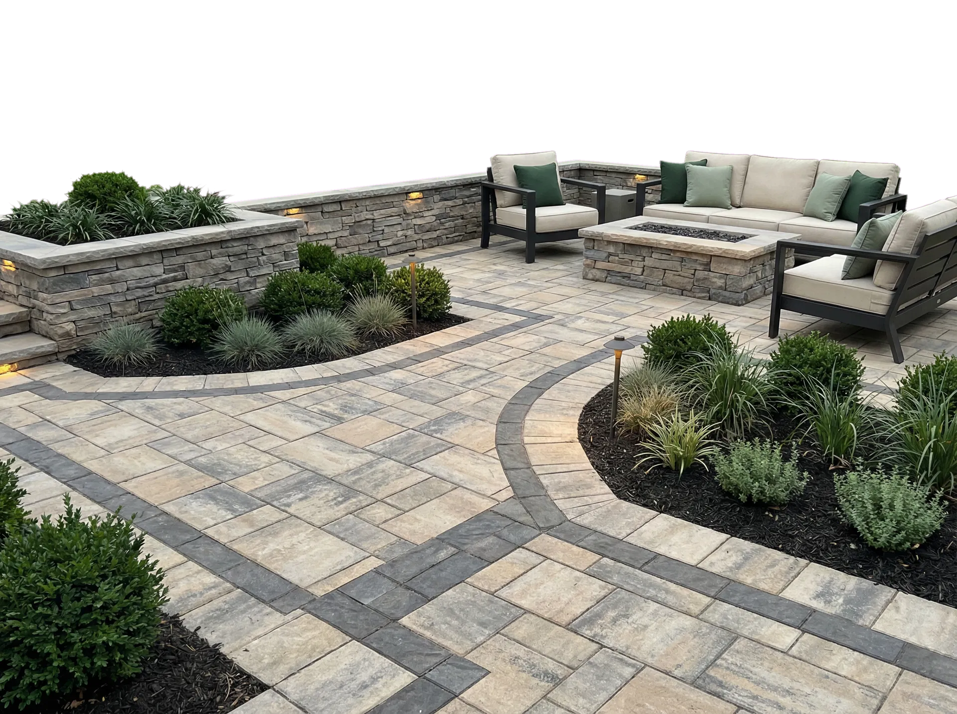 Luxury patio hardscape with stonework and layered plantings