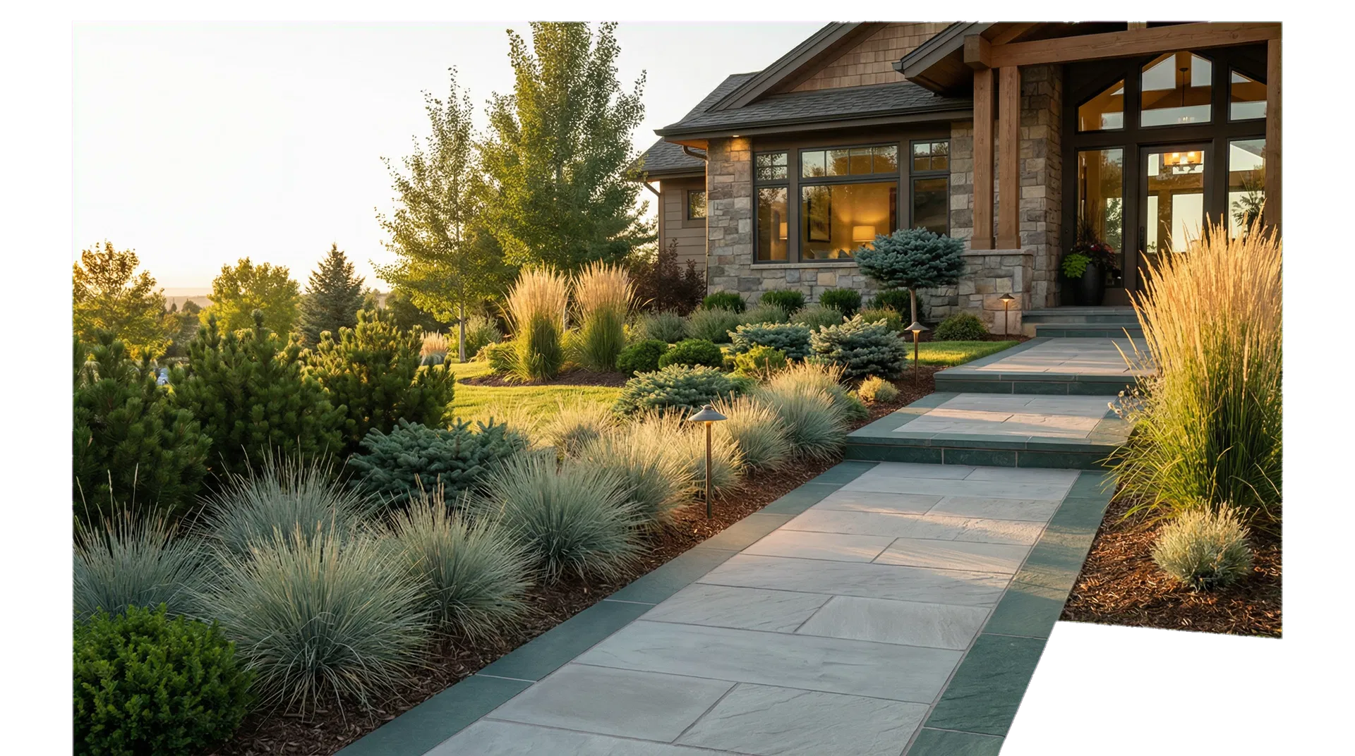 Luxury front-yard landscaping with a stone walkway and layered plantings