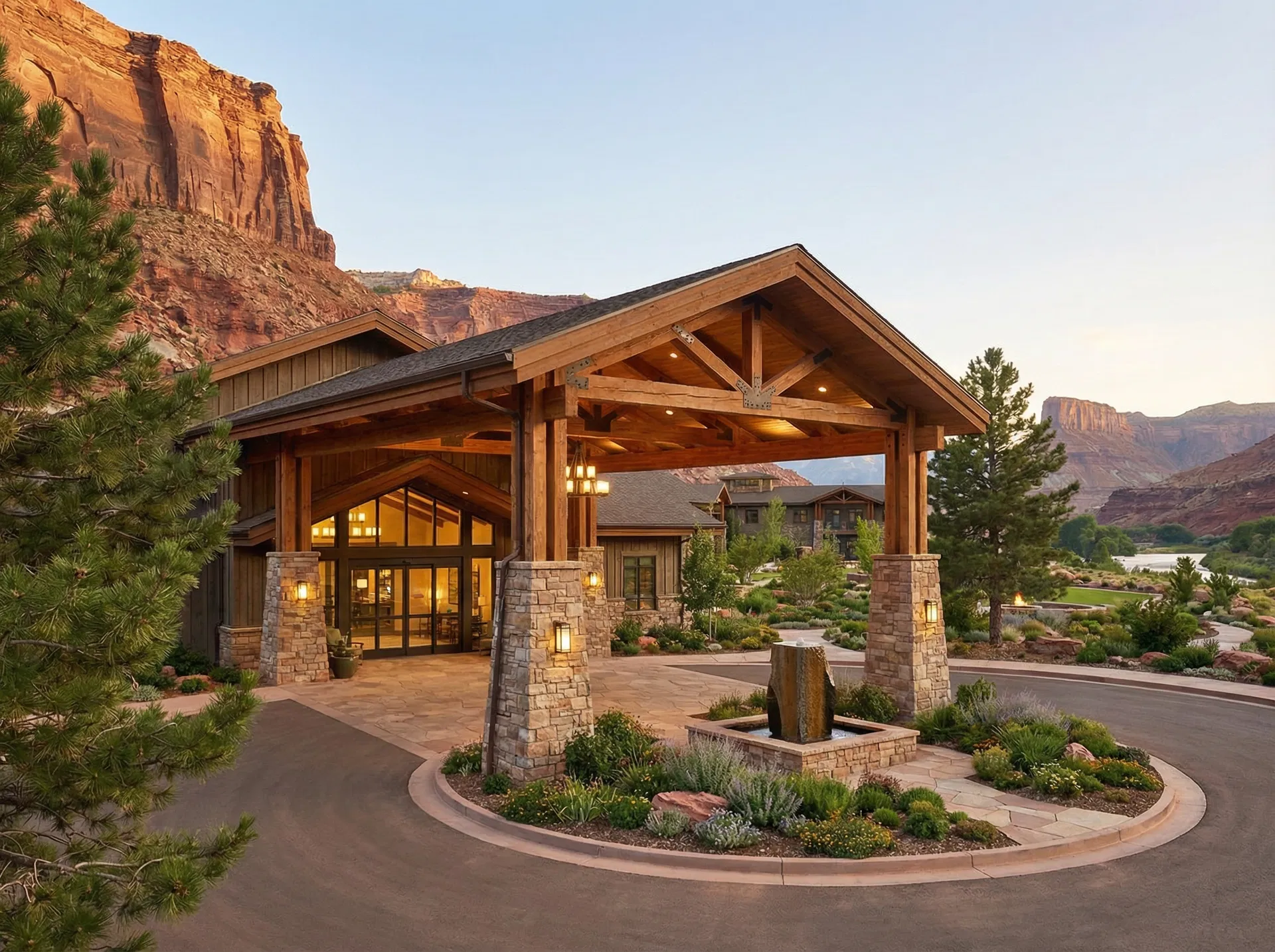 Grand entrance and porte-cochère with stone pillars