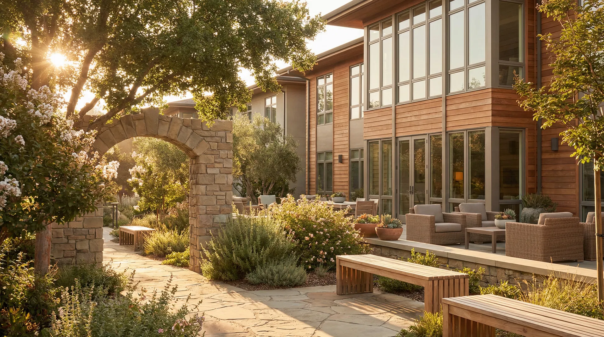 Modern senior living community at golden hour