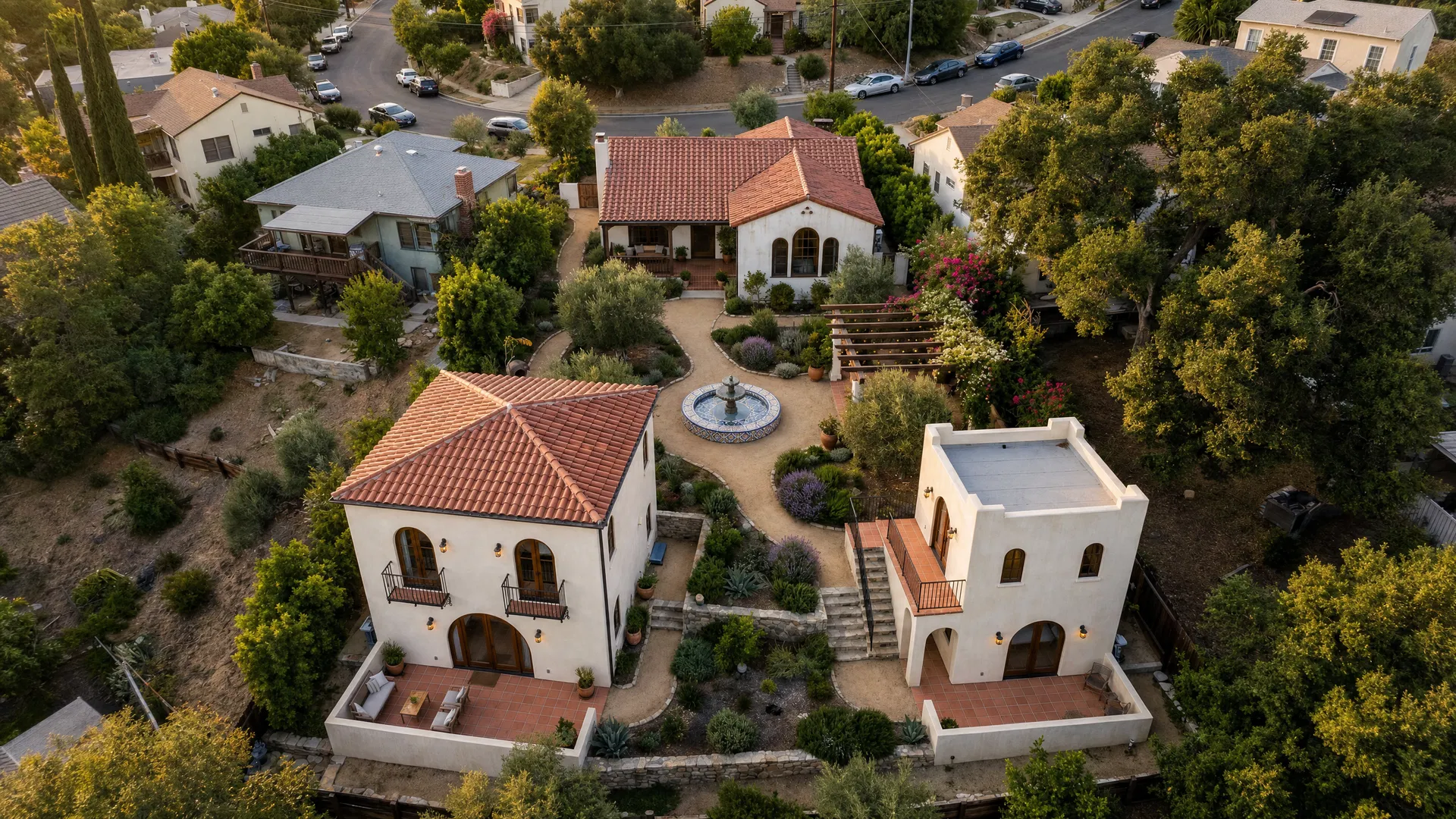 Aerial perspective of the Mediterranean compound