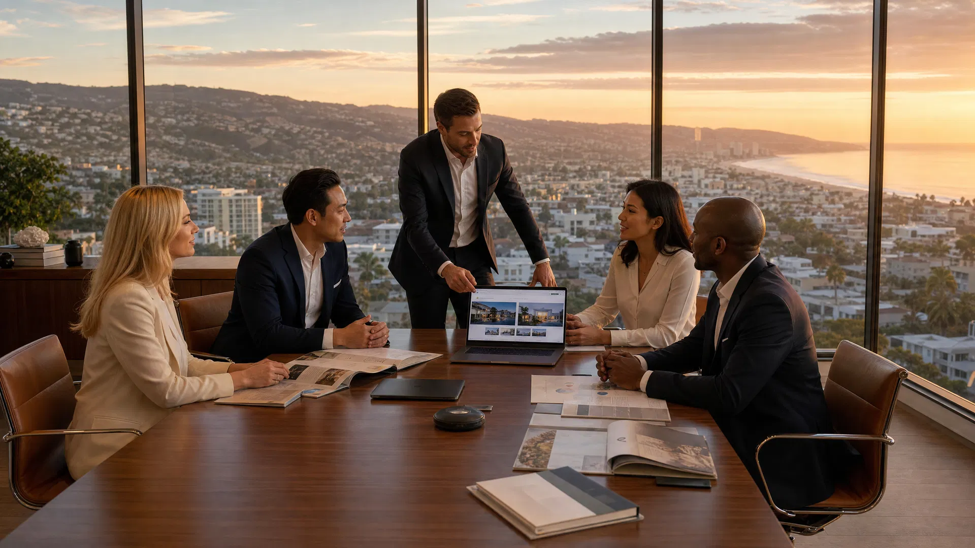 International professionals reviewing California real estate