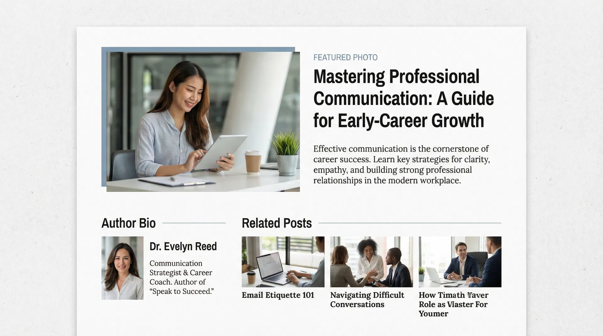 Blog content page with early-career professional reading educational content at desk