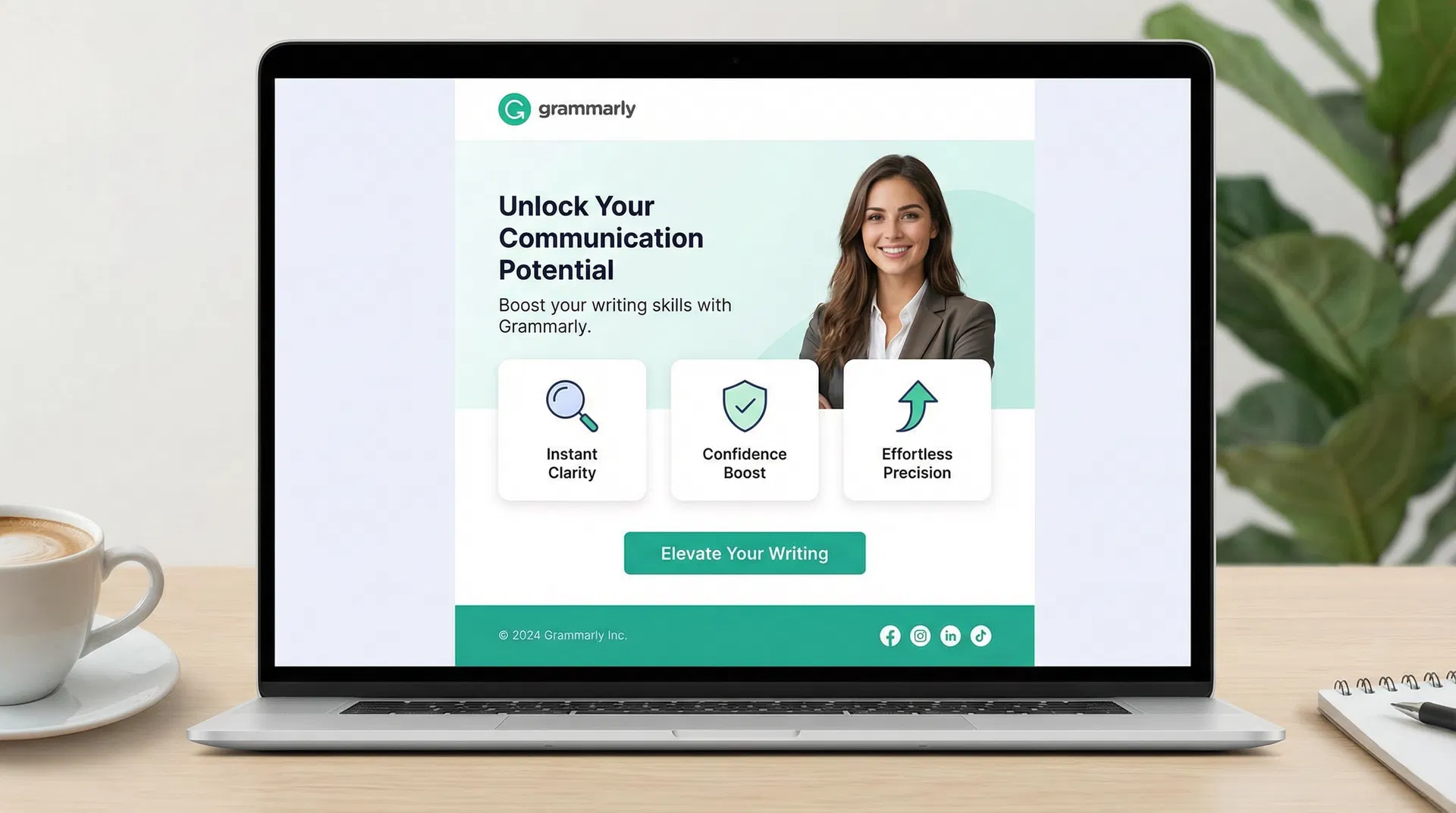 Professional email marketing campaign mockup with Grammarly branding and early-career professional