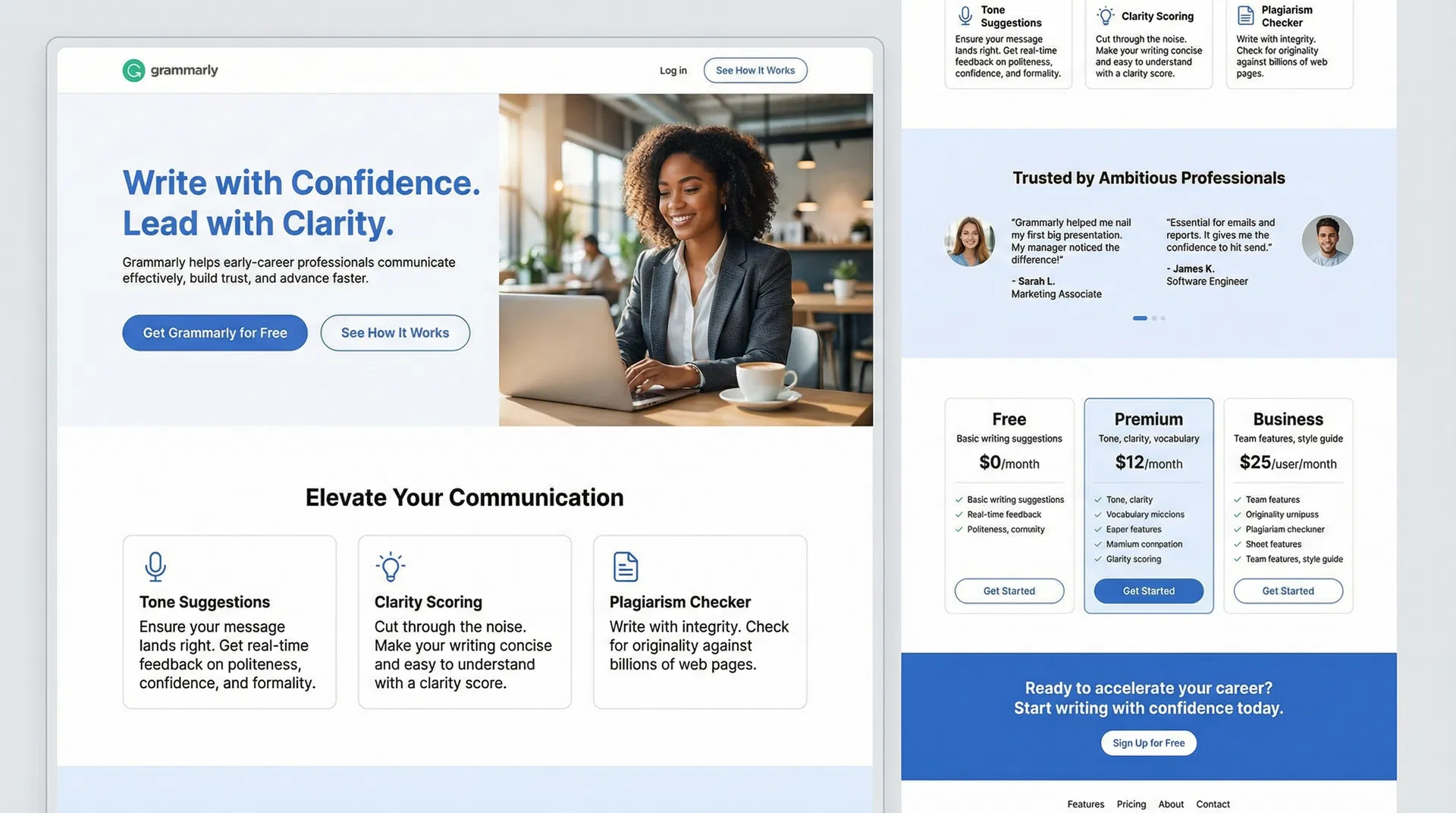 SaaS landing page mockup with hero section, features, testimonials, and pricing