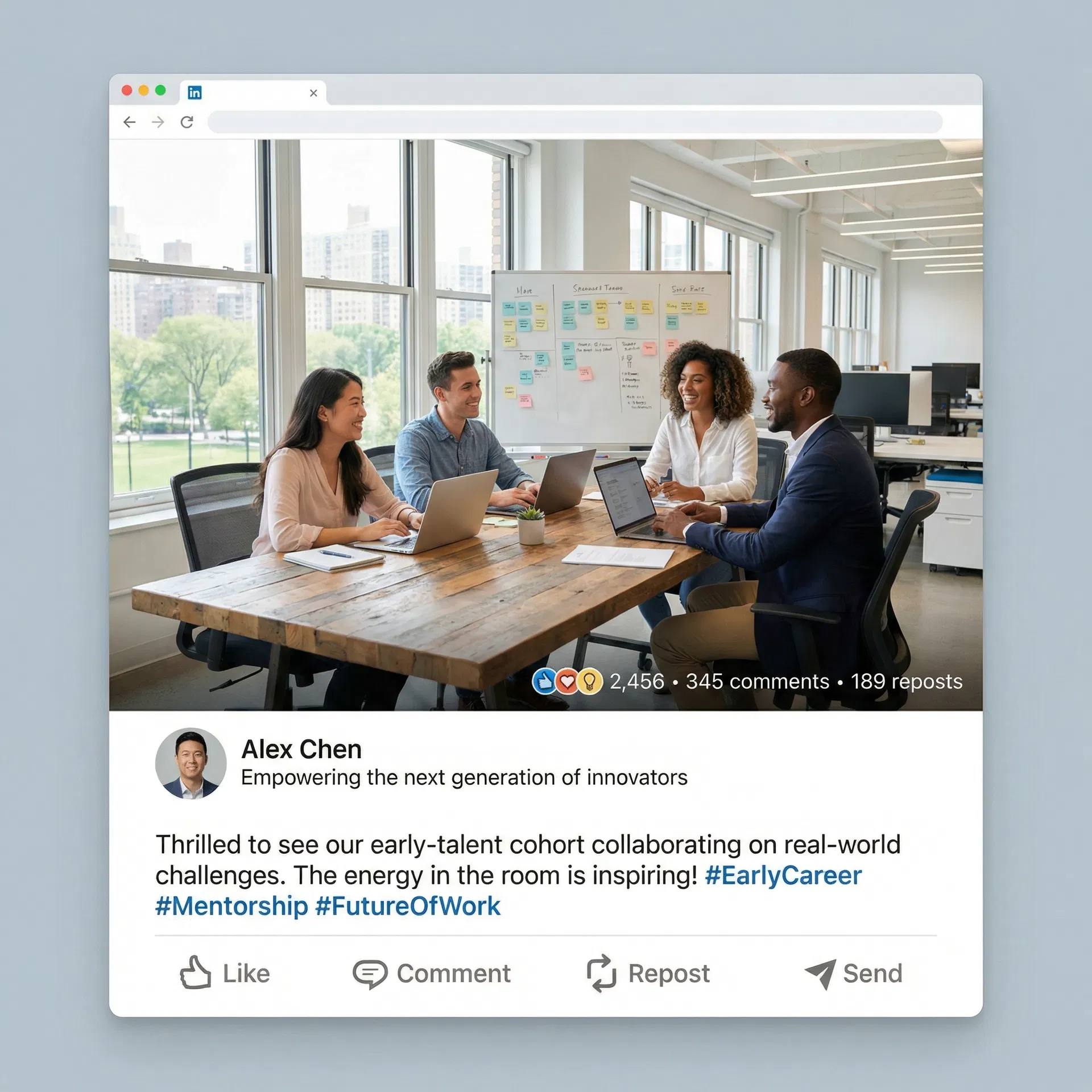LinkedIn campaign post showing early-career professionals collaborating with engagement metrics
