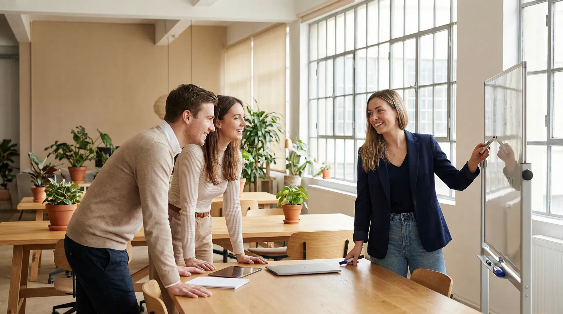 Confident professionals collaborating with clear communication in modern office