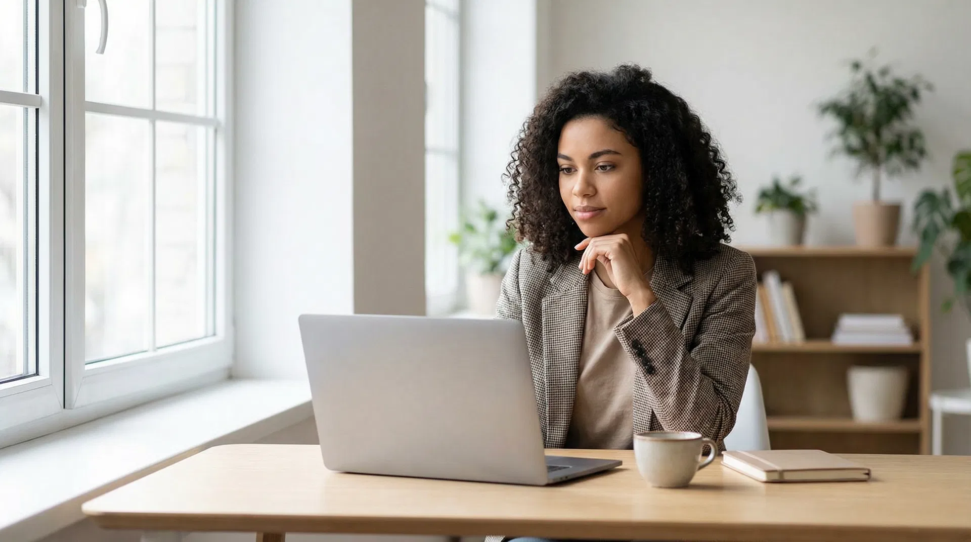 Early-career professional focused on laptop in modern workspace