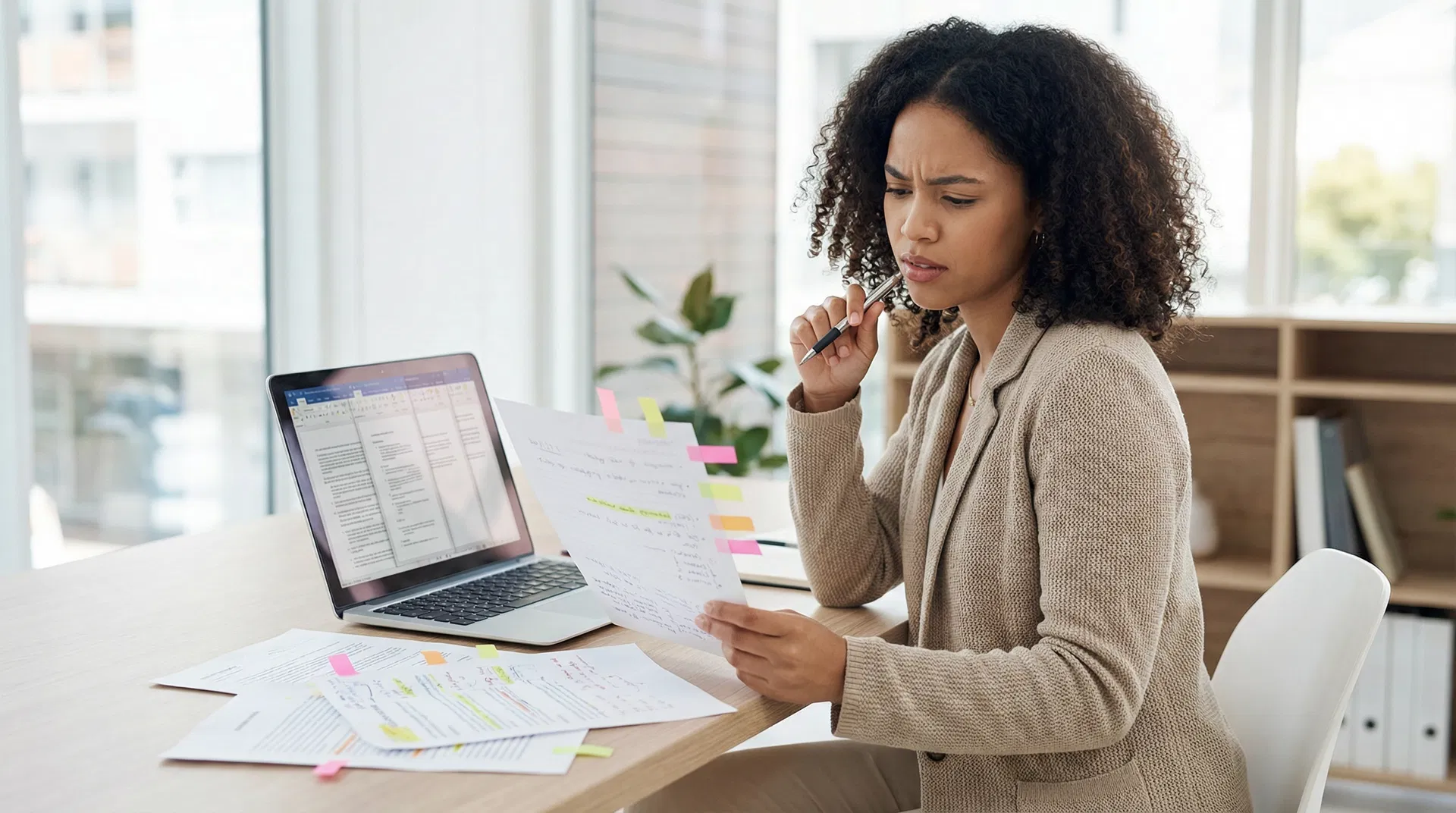 Professional reviewing and editing multiple document drafts with sticky notes and marked-up pages