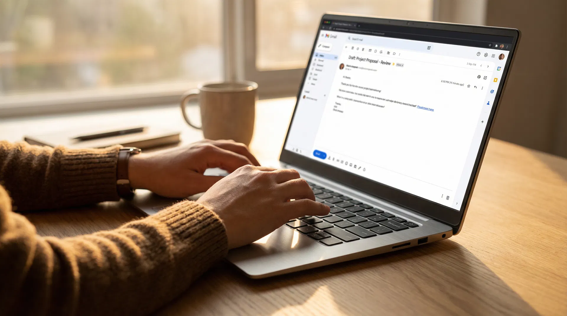 Close-up of professional reviewing email draft on laptop in late afternoon light