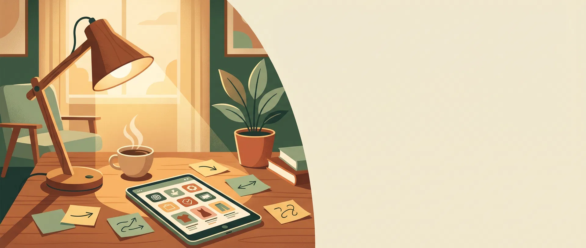 TrendHunt Daily morning brief hero — warm editorial illustration of a curated tech digest