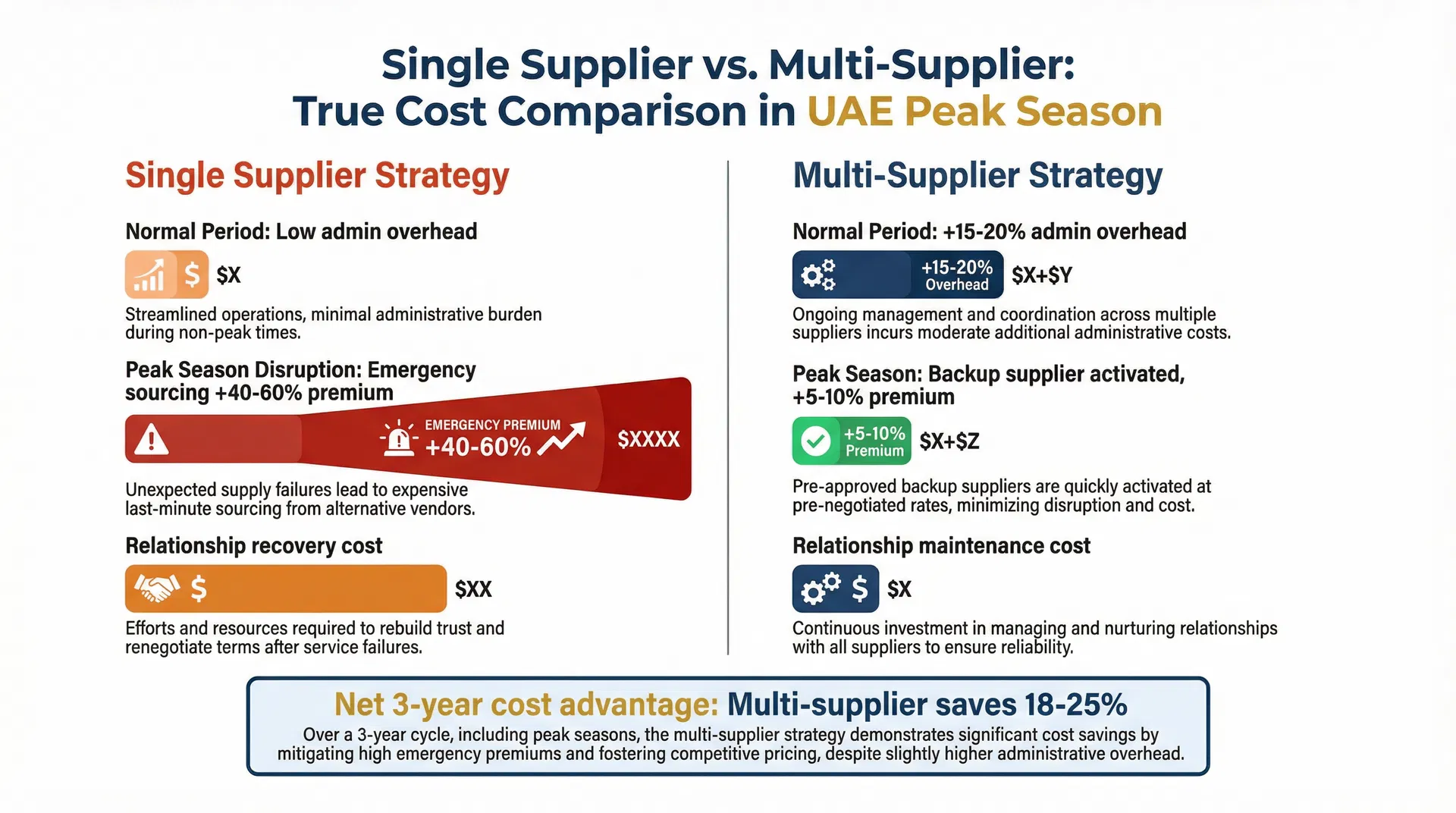Cost comparison between single supplier and multi-supplier strategies across normal periods and UAE peak season disruptions