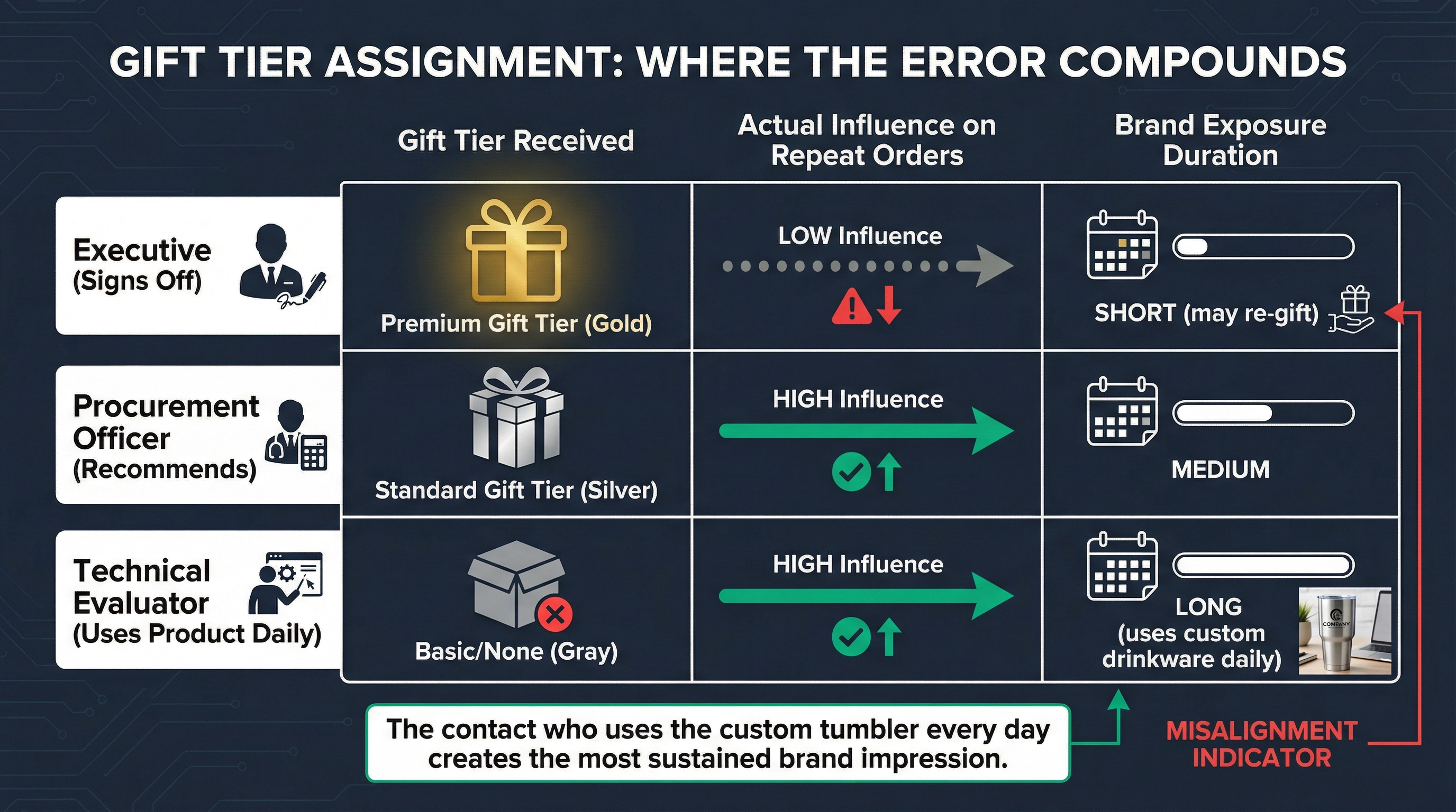 Gift tier assignment error consequences matrix comparing gift tier received against actual influence on repeat orders and brand exposure duration for executives, procurement officers, and technical evaluators
