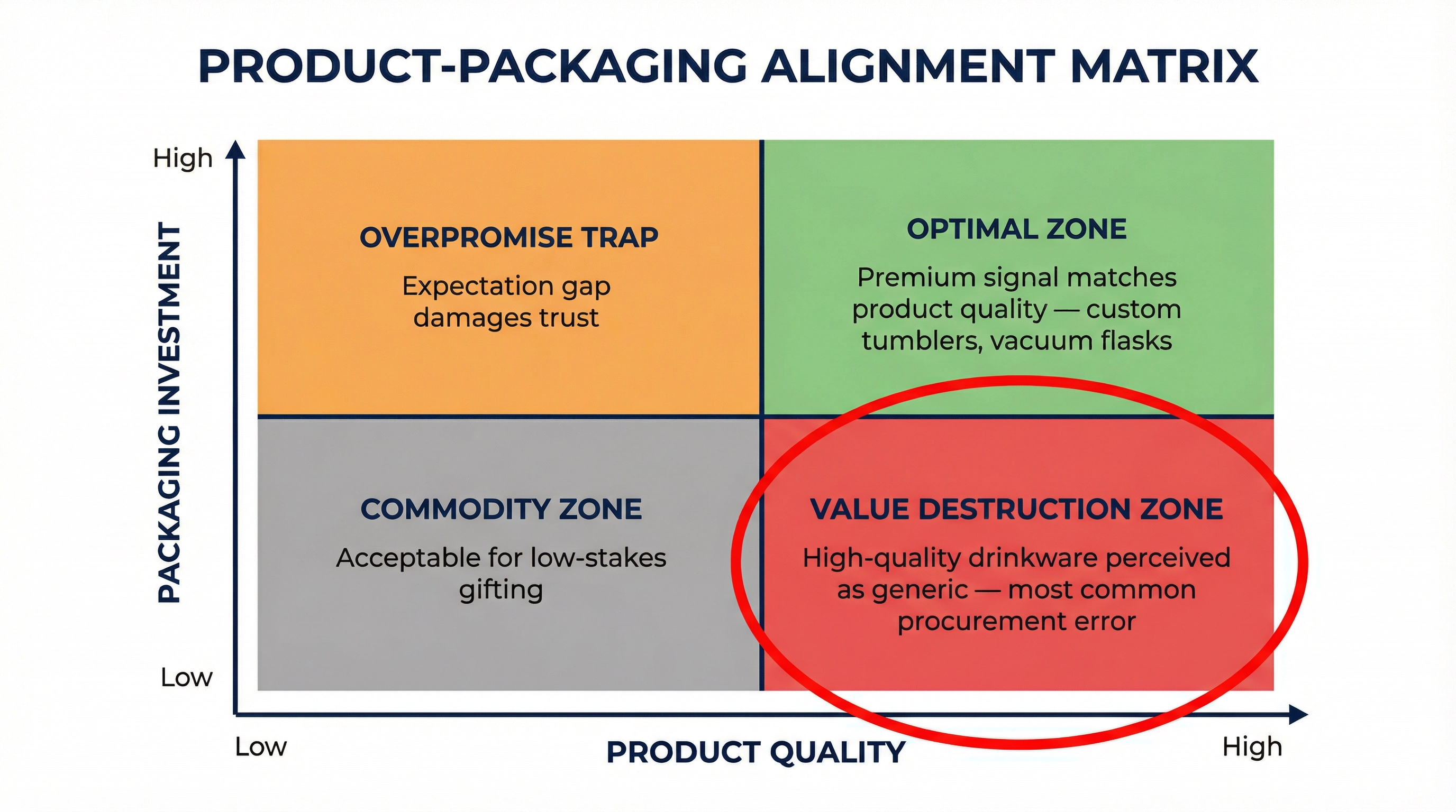 2x2 matrix showing four zones of product quality versus packaging investment alignment, with the value destruction zone highlighted for high-quality products with low packaging investment