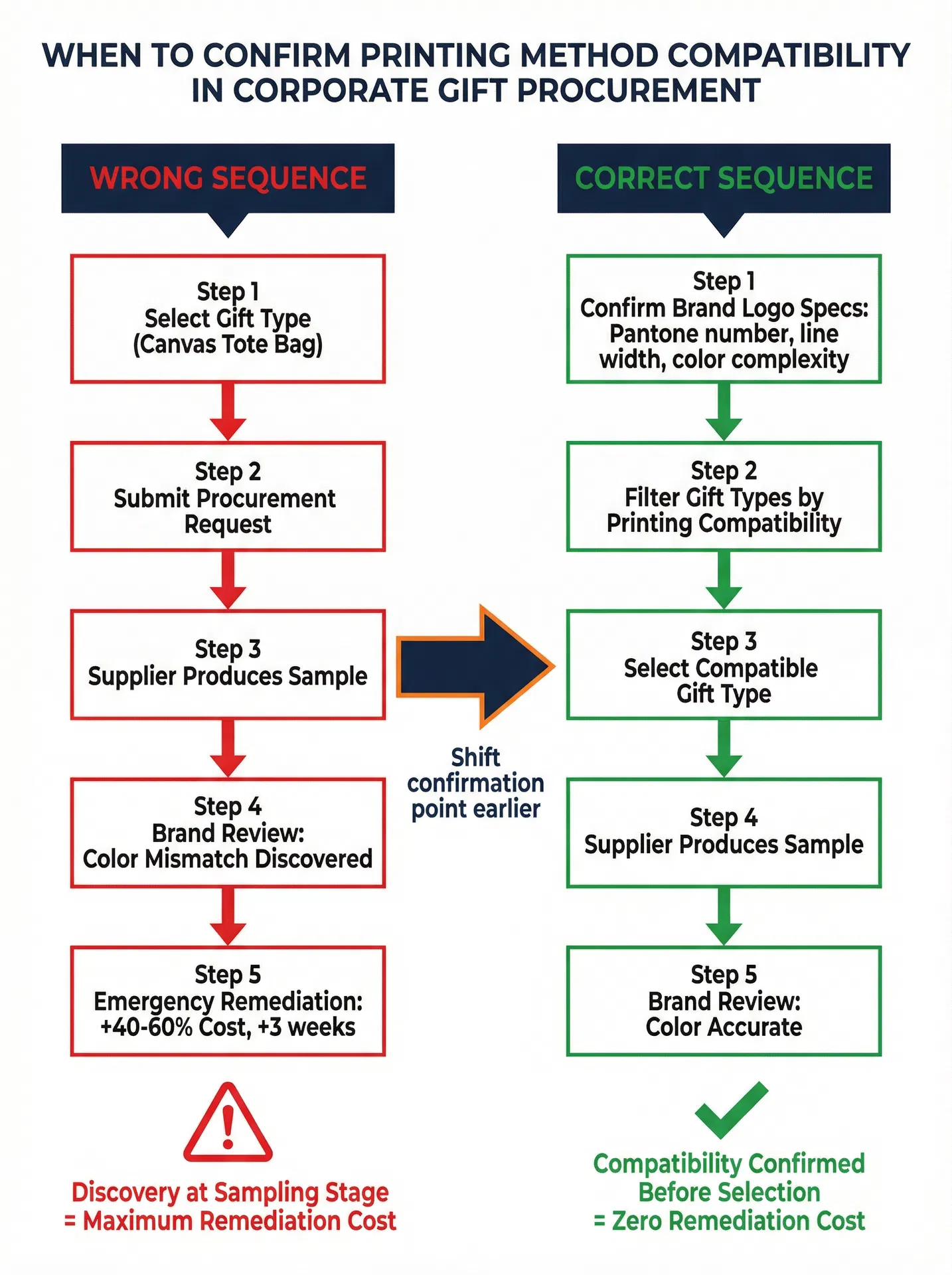 Printing Method Compatibility Confirmation Timing Flowchart, comparing the cost difference between the wrong sequence (discovery after sampling) and the correct sequence (confirmation before selection)
