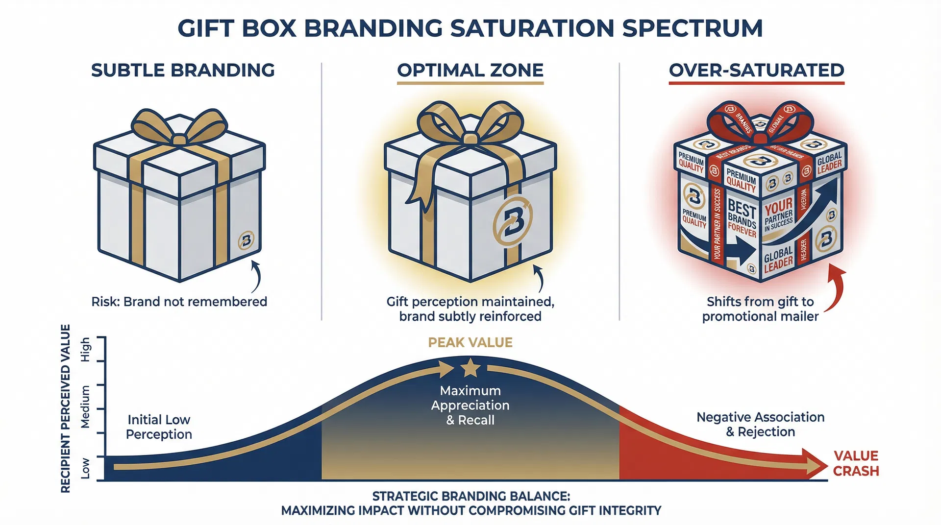 Spectrum showing how gift box branding moves from subtle through an optimal zone to over-saturated, with a curve showing recipient perceived value peaking at the optimal zone then dropping sharply