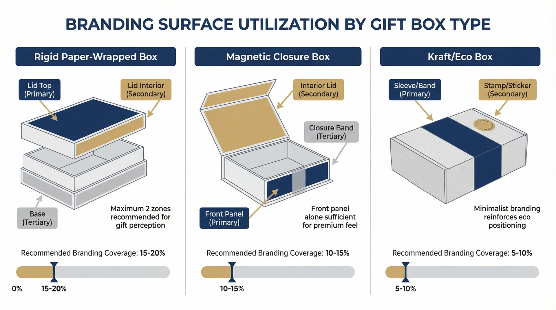 Comparison of three gift box types showing recommended branding surface coverage percentages: rigid paper-wrapped box at 15-20%, magnetic closure box at 10-15%, and kraft eco box at 5-10%