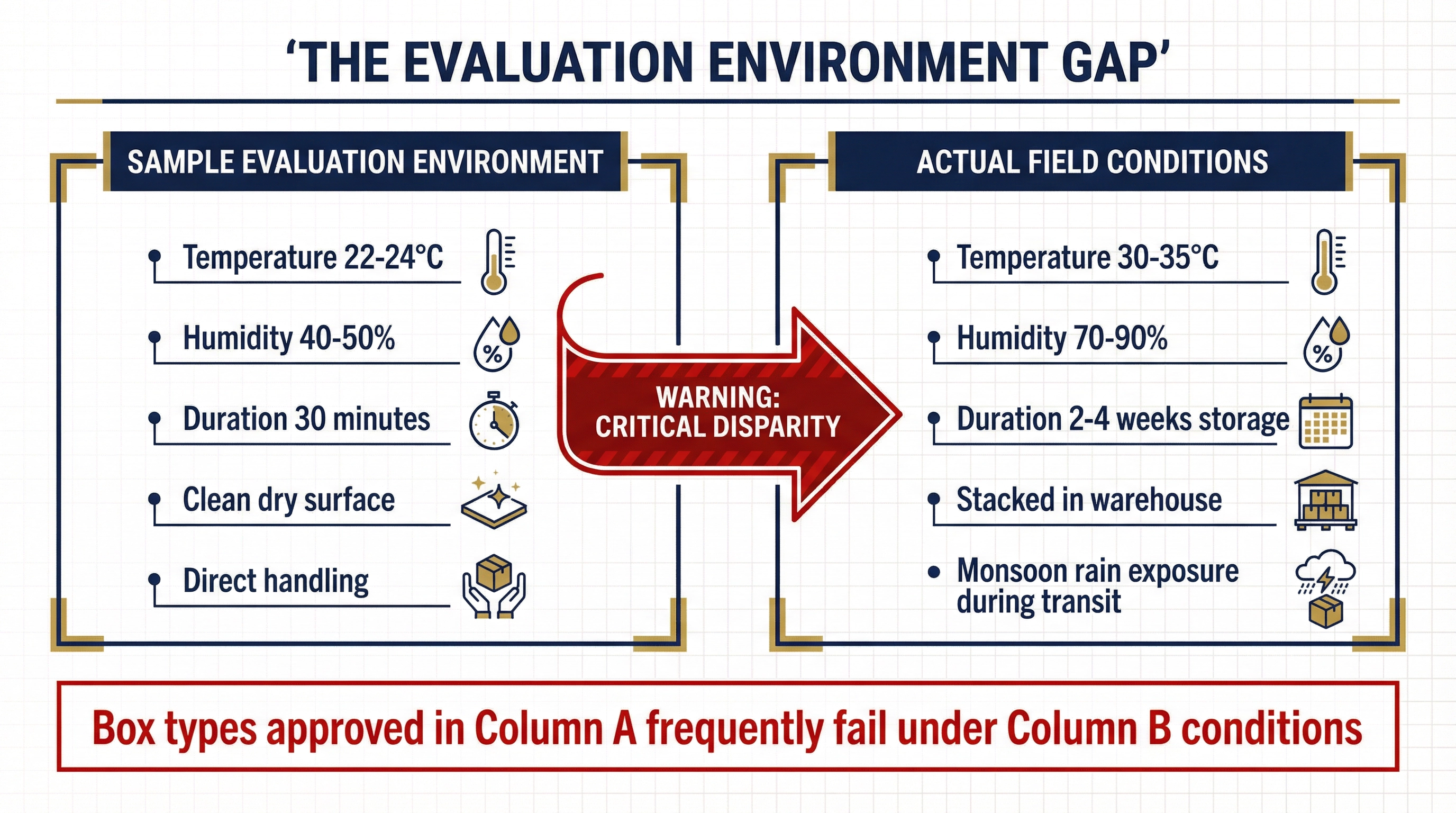 Diagram comparing the controlled sample evaluation environment at 22-24 degrees and 40-50 percent humidity against actual field conditions at 30-35 degrees and 70-90 percent humidity over weeks of storage