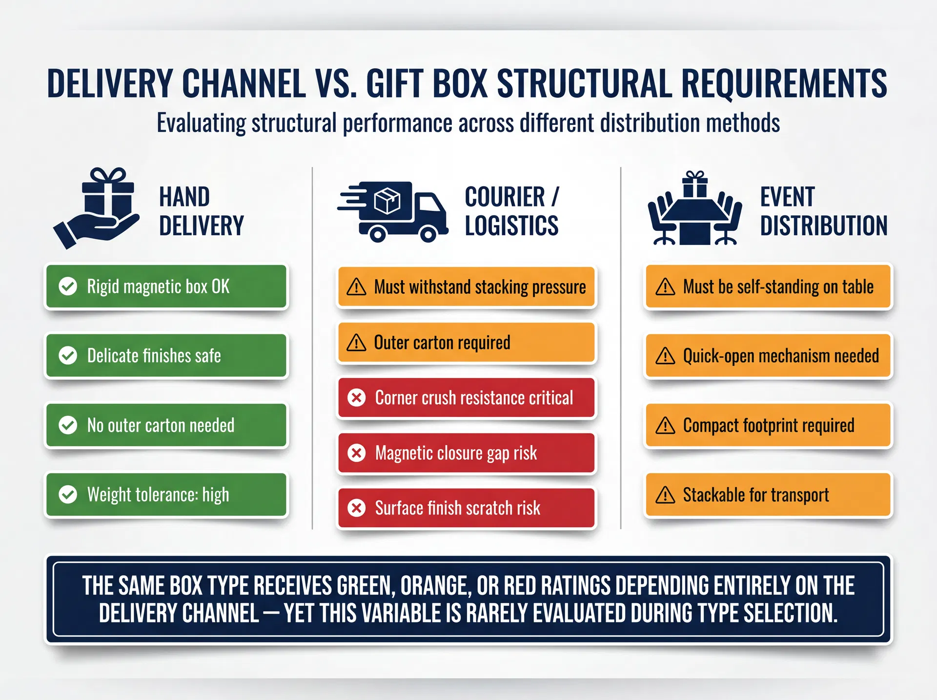 Comparison diagram showing how three delivery channels including hand delivery, courier logistics, and event distribution each impose different structural requirements on corporate gift box types with green, orange, and red risk ratings
