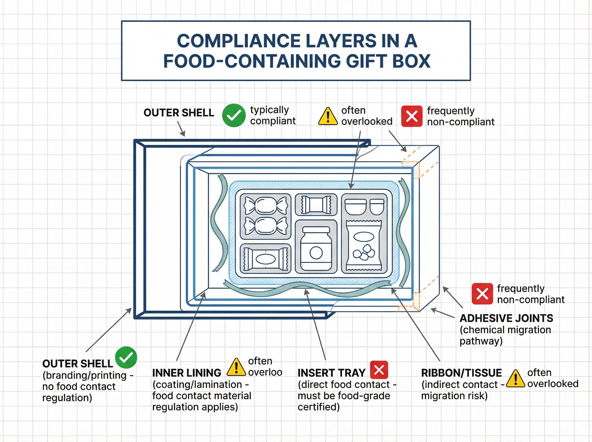 Cross-section diagram showing the multiple compliance layers inside a food-containing corporate gift box, from outer shell to inner lining, insert tray, ribbon, and adhesive joints, each with different food contact regulation requirements