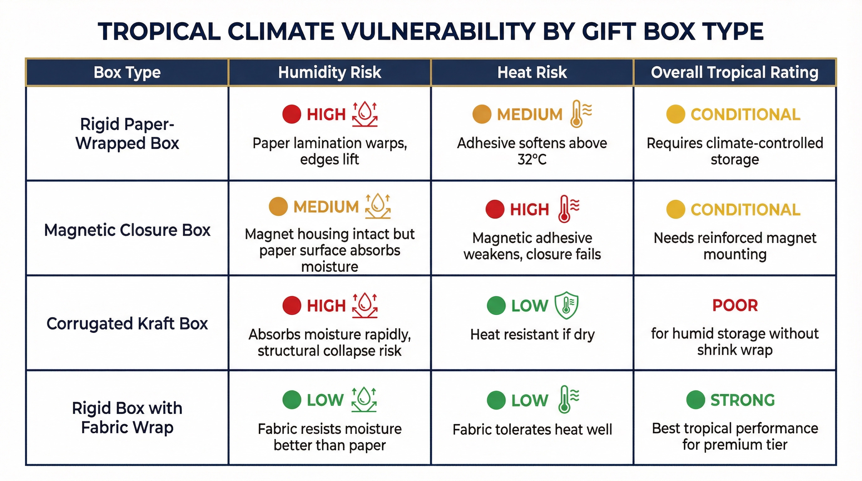Matrix comparing four gift box types across humidity risk, heat risk, and overall tropical climate rating showing that rigid paper-wrapped and kraft boxes carry the highest climate vulnerability