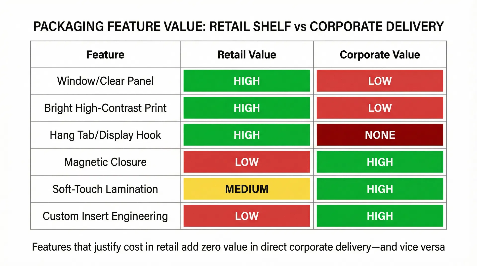 Matrix comparing the value of six packaging features across retail shelf and corporate delivery contexts, showing that window panels and bright printing have high retail value but low corporate value, while magnetic closures and soft-touch lamination have high corporate value but low retail value