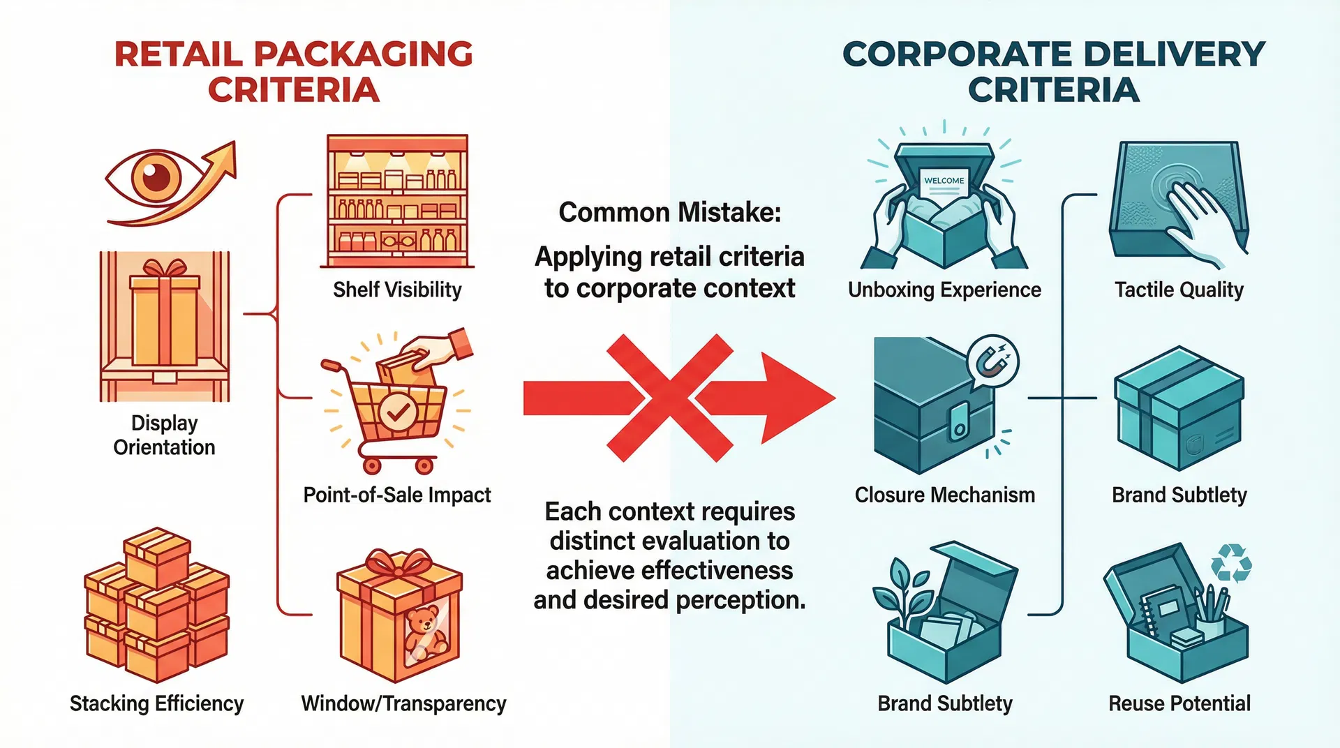 Comparison diagram showing retail packaging evaluation criteria like shelf visibility and display orientation versus corporate delivery criteria like unboxing experience and tactile quality, with a warning that applying retail criteria to corporate context is a common mistake