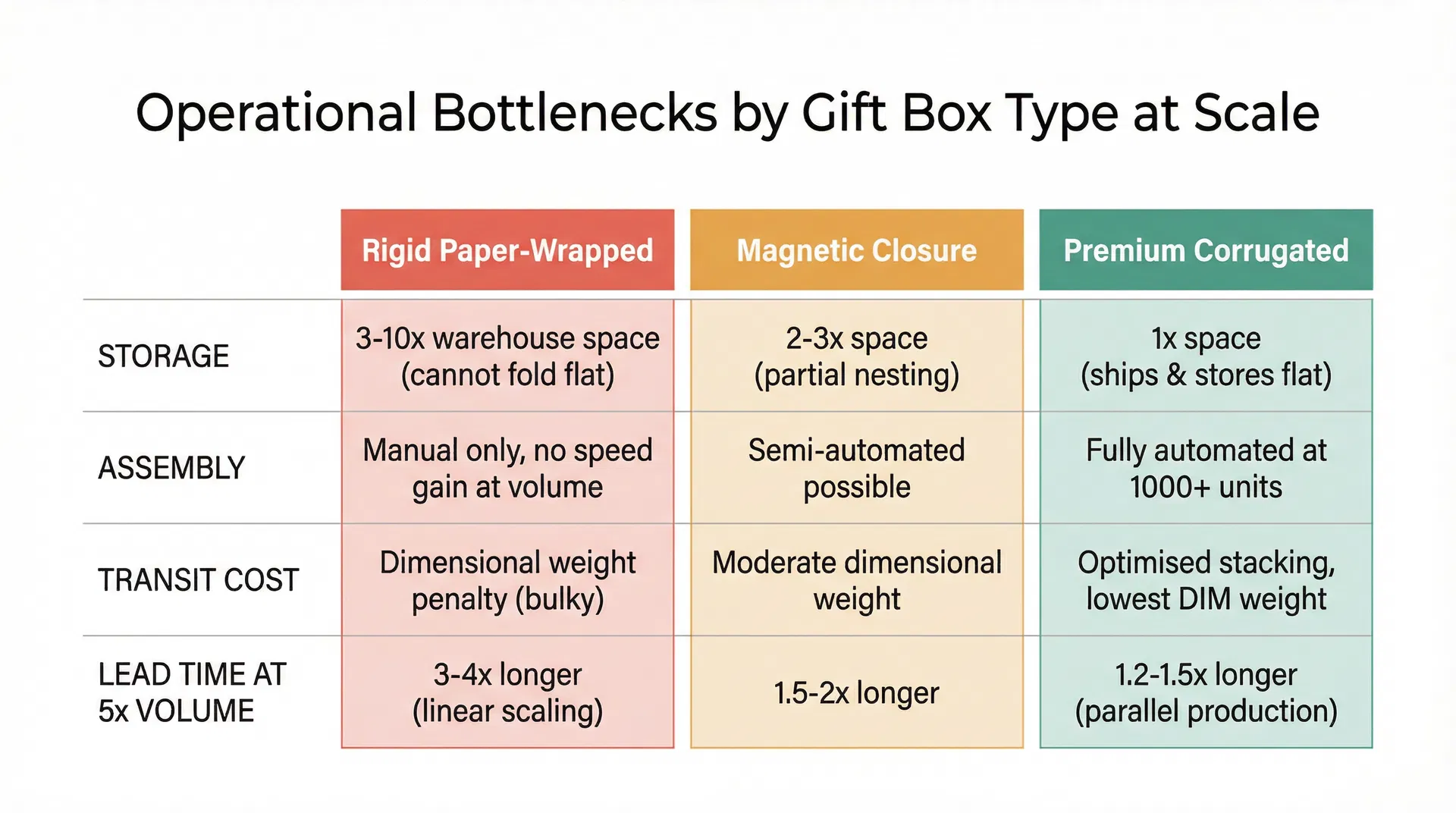 Comparison table showing operational bottlenecks across rigid paper-wrapped, magnetic closure, and premium corrugated gift box types in storage, assembly, transit cost, and lead time at increased volume