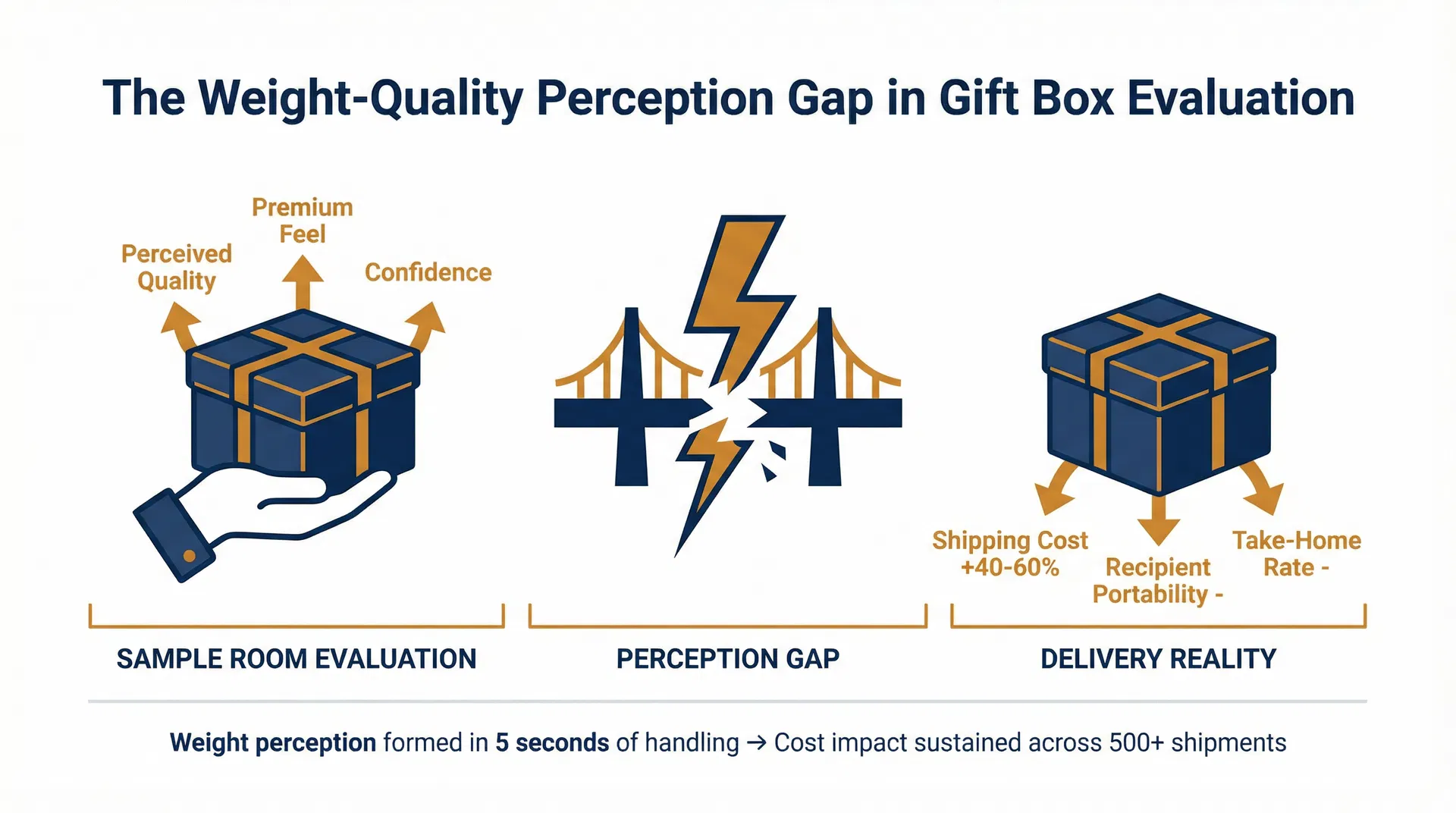 Diagram showing the perception gap between sample room evaluation where weight signals quality and delivery reality where weight increases shipping costs and reduces recipient portability