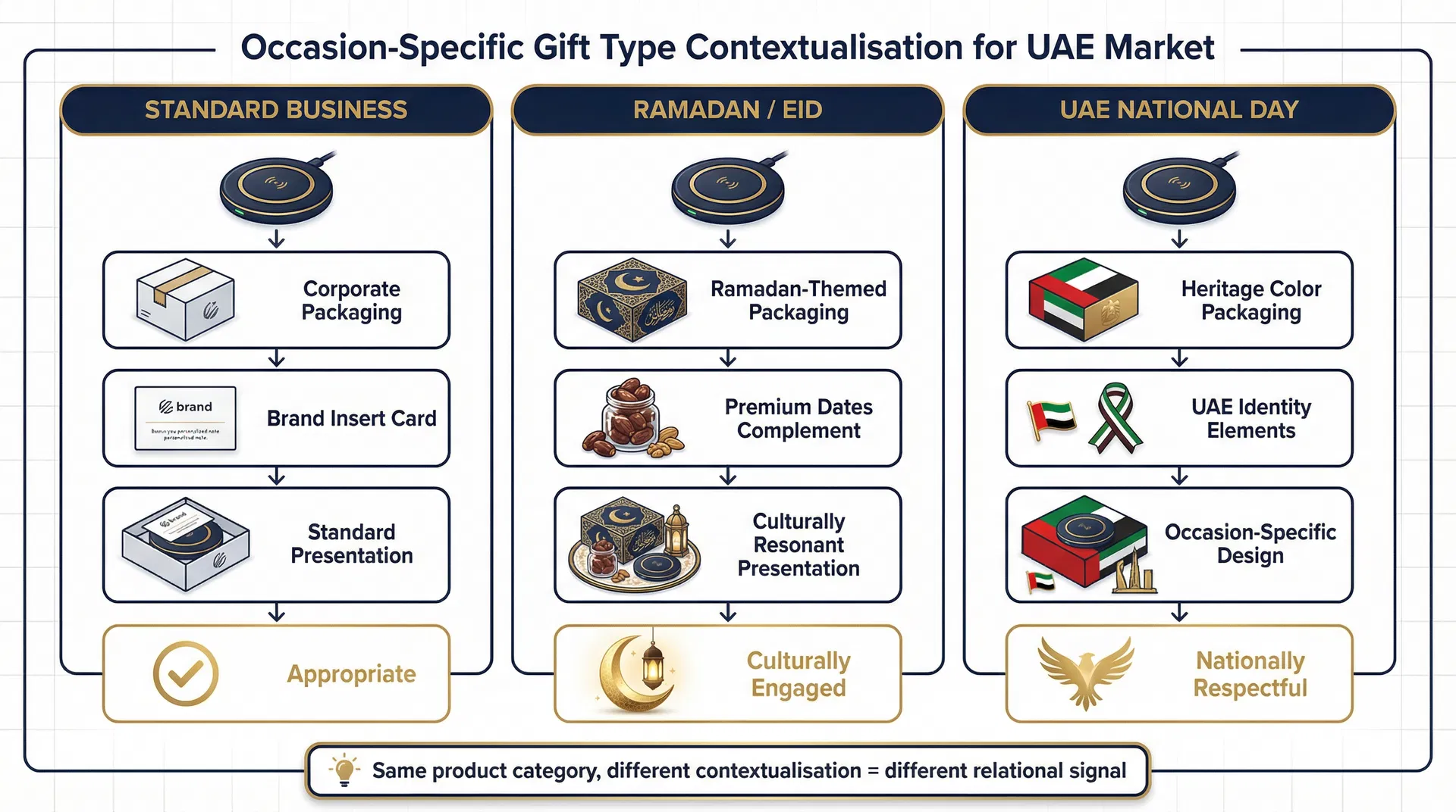 Matrix comparing how the same tech gift product should be contextualised differently for standard business, Ramadan, and UAE National Day occasions