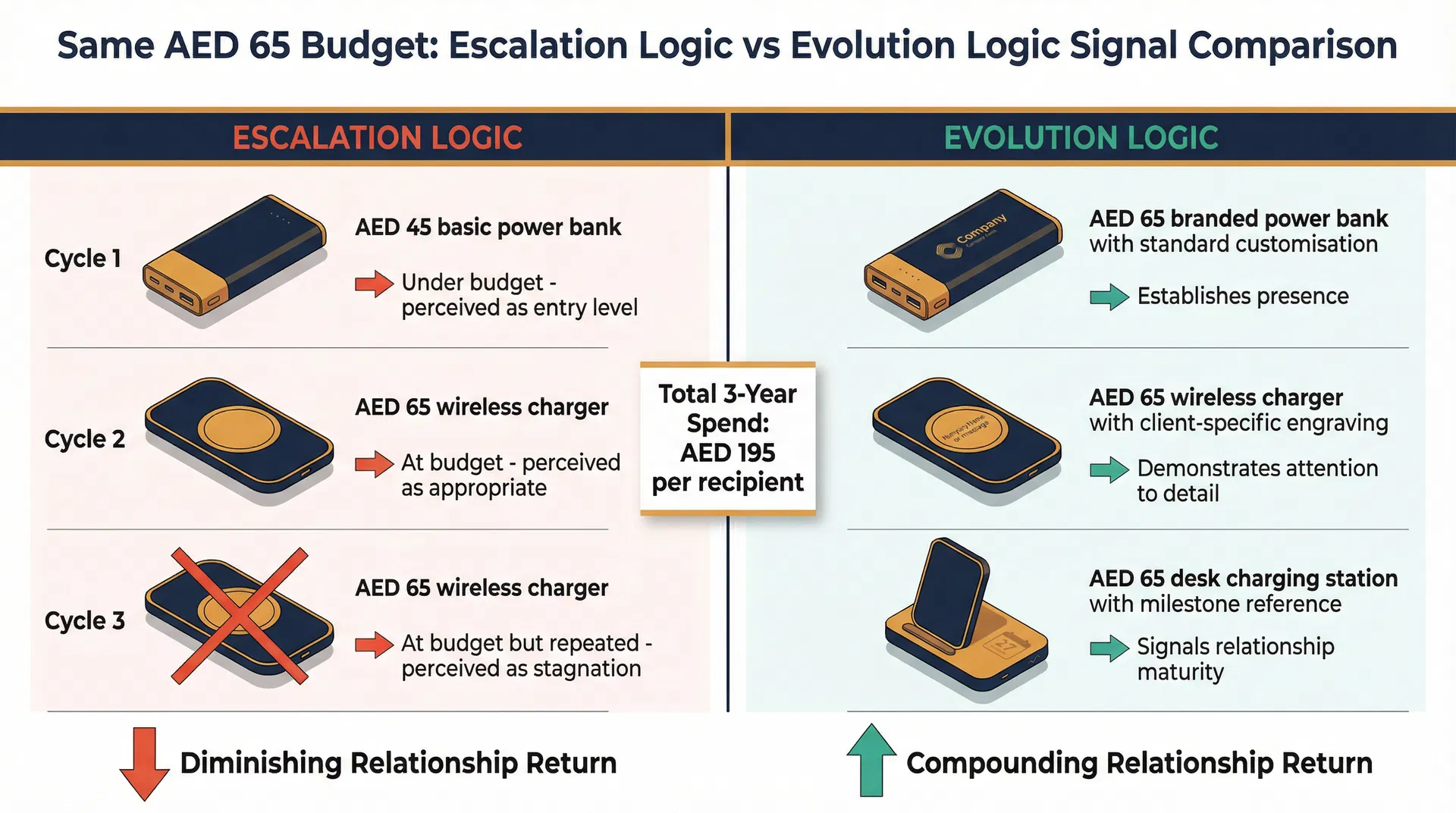 Comparison showing how the same AED 65 budget produces different relationship signals when allocated through escalation logic versus evolution logic across three gifting cycles