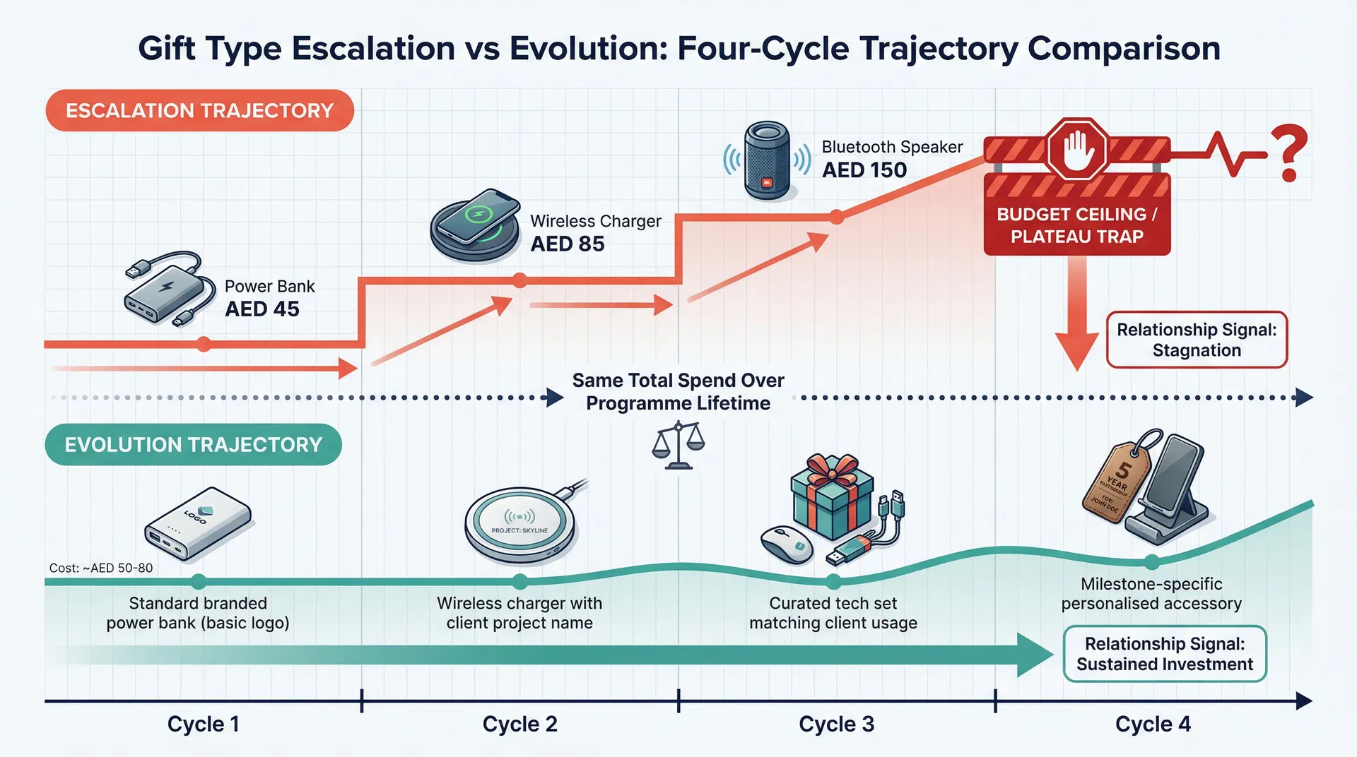 Diagram showing the diverging trajectories of gift type escalation versus gift type evolution across four gifting cycles, with escalation leading to budget ceiling and plateau while evolution maintains sustainable engagement