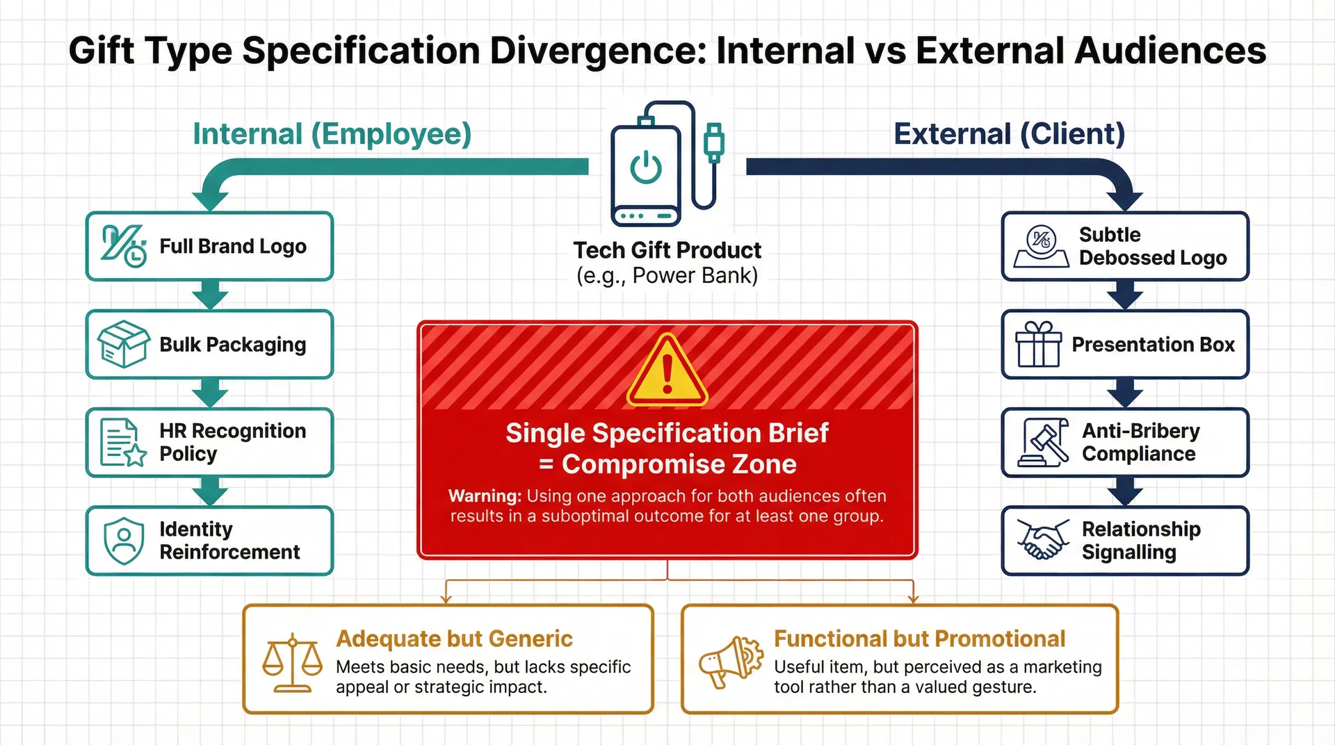 Diagram showing how the same tech gift category requires different specification decisions for internal employee audiences versus external client audiences