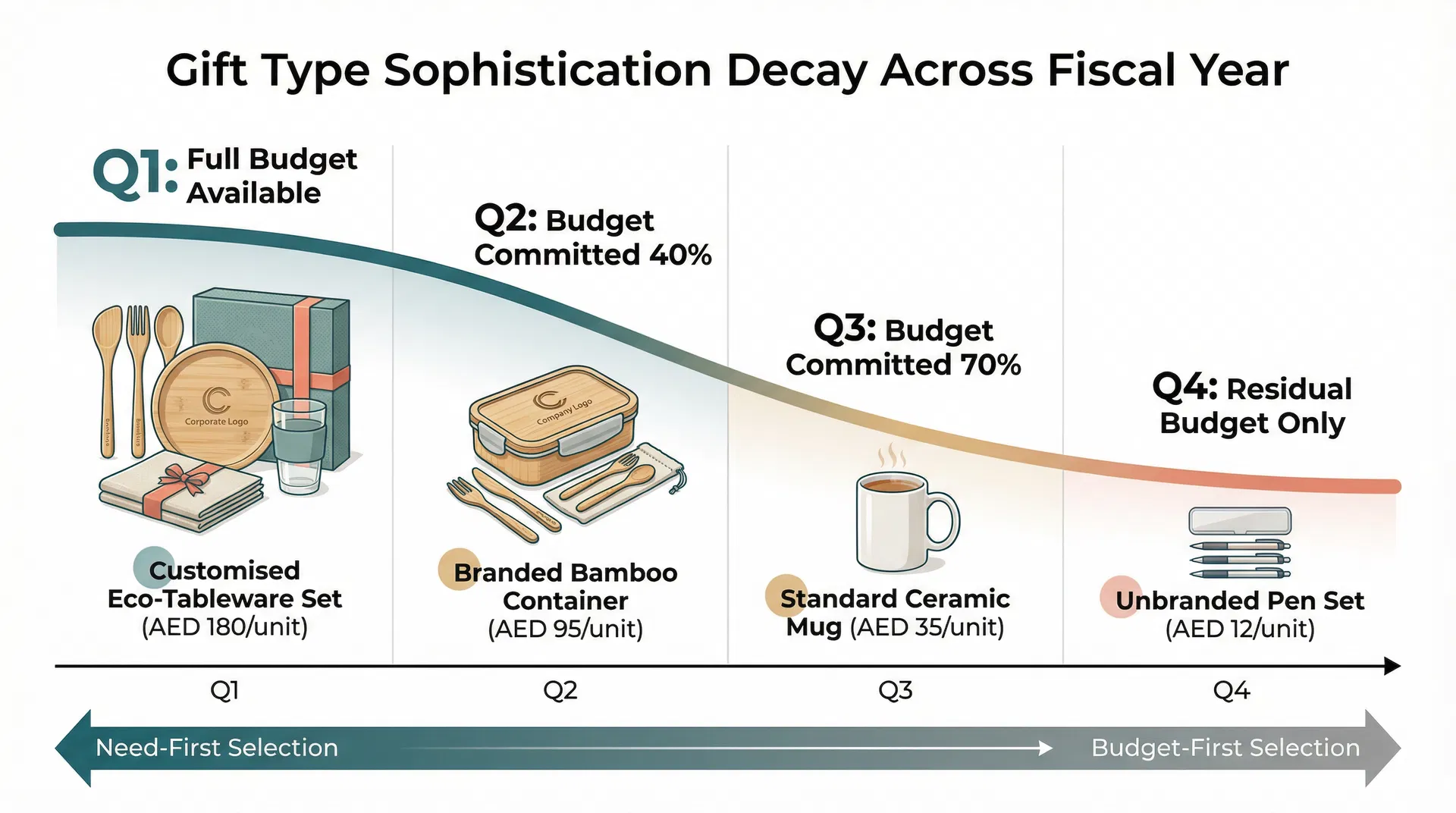 Timeline chart showing gift type sophistication decay across a fiscal year from Q1 to Q4, with customised eco-tableware sets at full budget availability declining through branded bamboo containers and standard ceramic mugs to unbranded pen sets as residual budget depletes